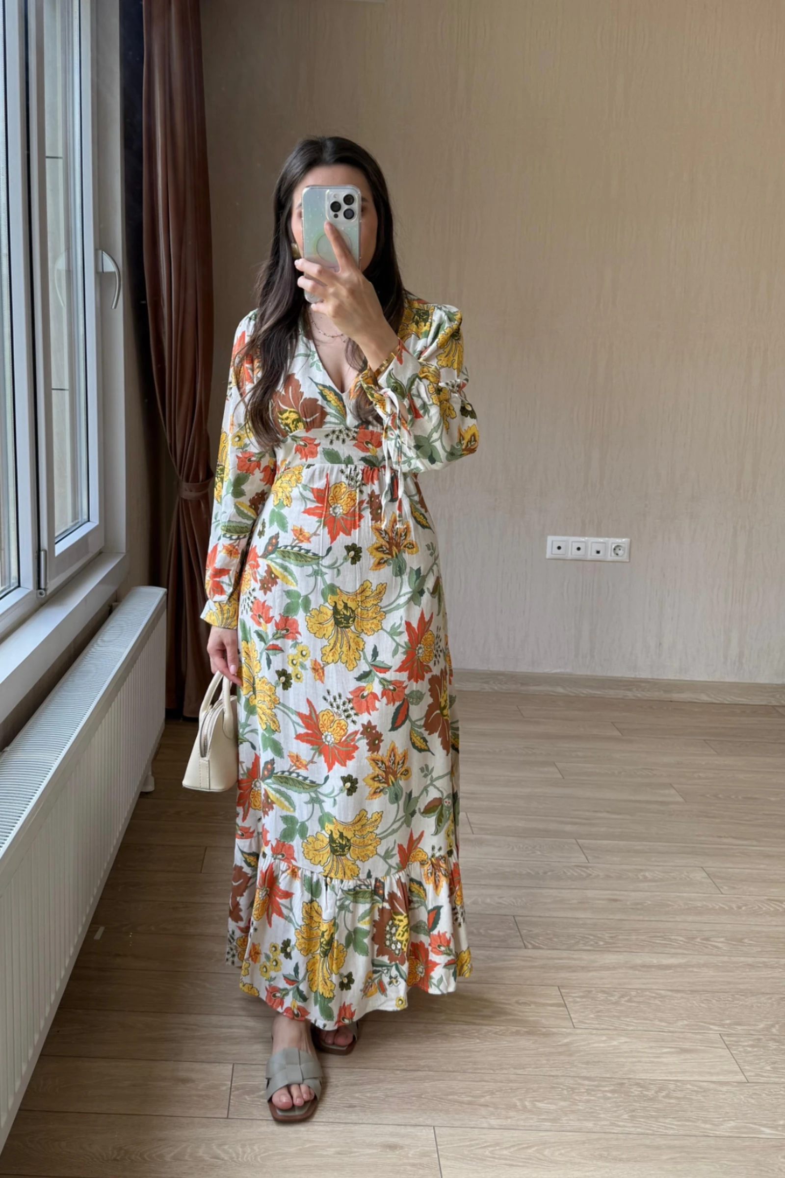 Kəmərli kətan parça köynək paltarı - Turuncu