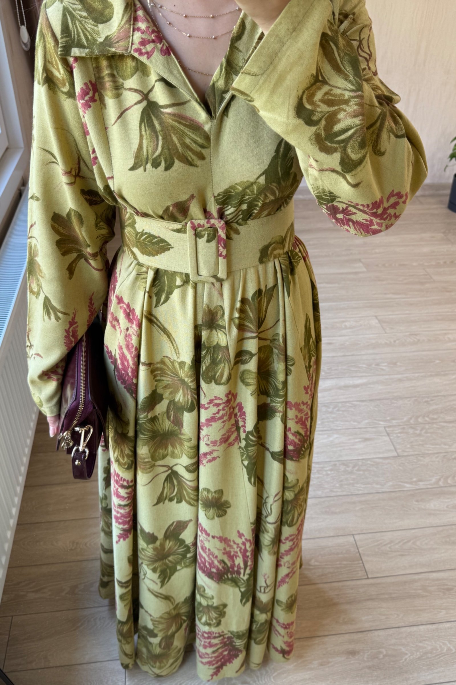 Valentina Oversize Kemerli Keten Kumaş Gömlek Elbise - Yağ Yeşili