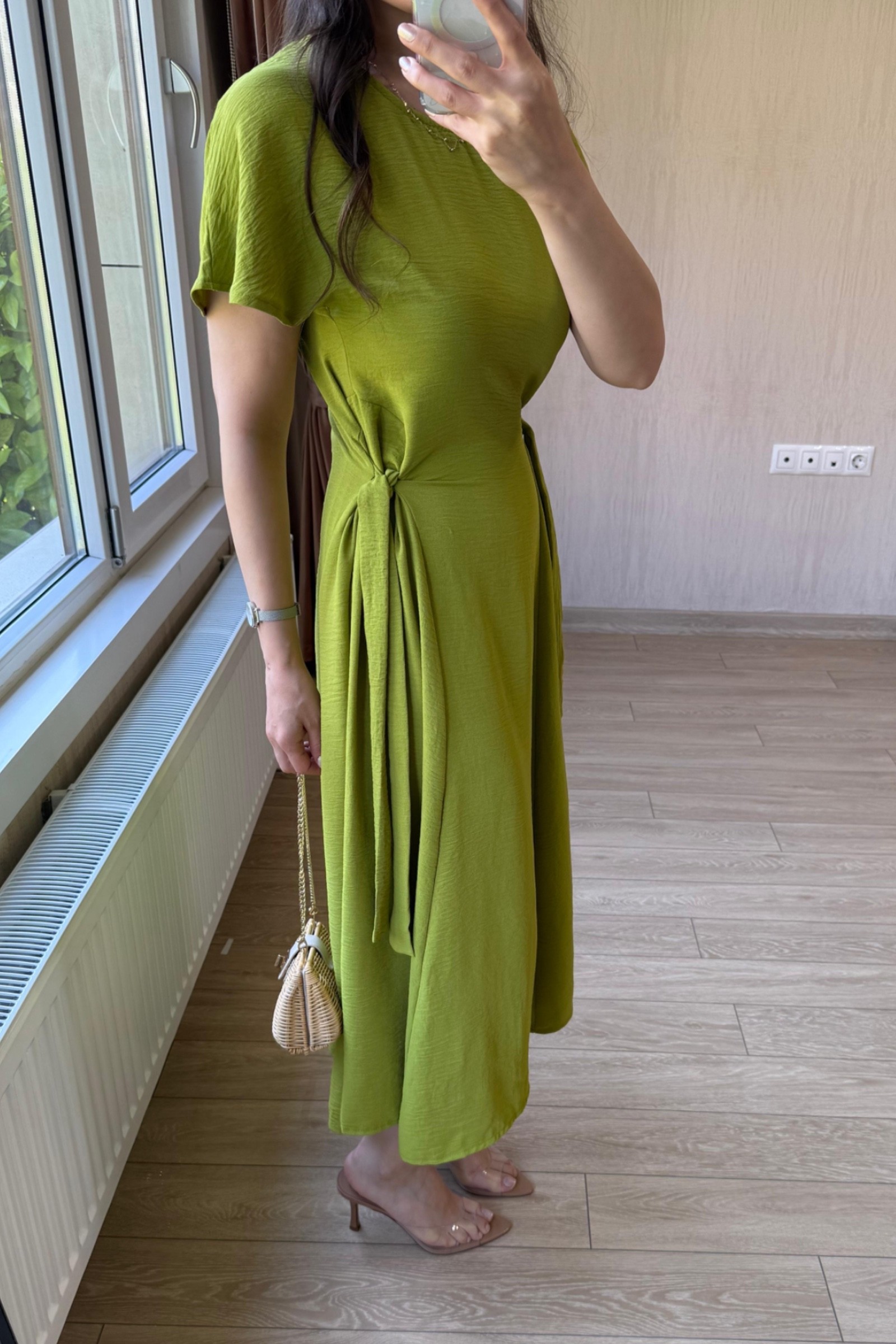 Bianca Belden Bağlamalı Ayrobin Kumaş Elbise - Yağ Yeşili