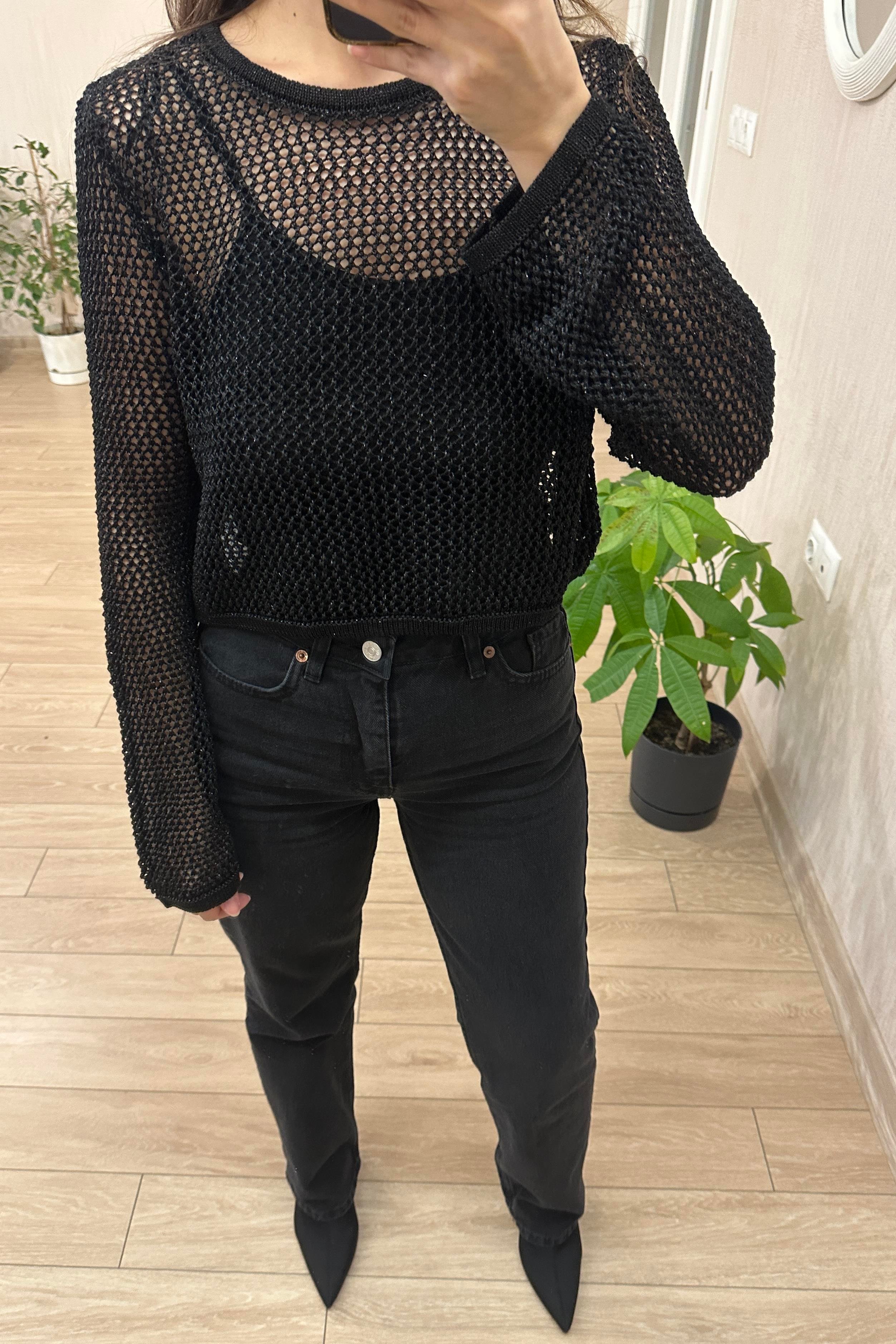 Simli Ajur Desen Bisiklet Yaka Crop Kazak Siyah