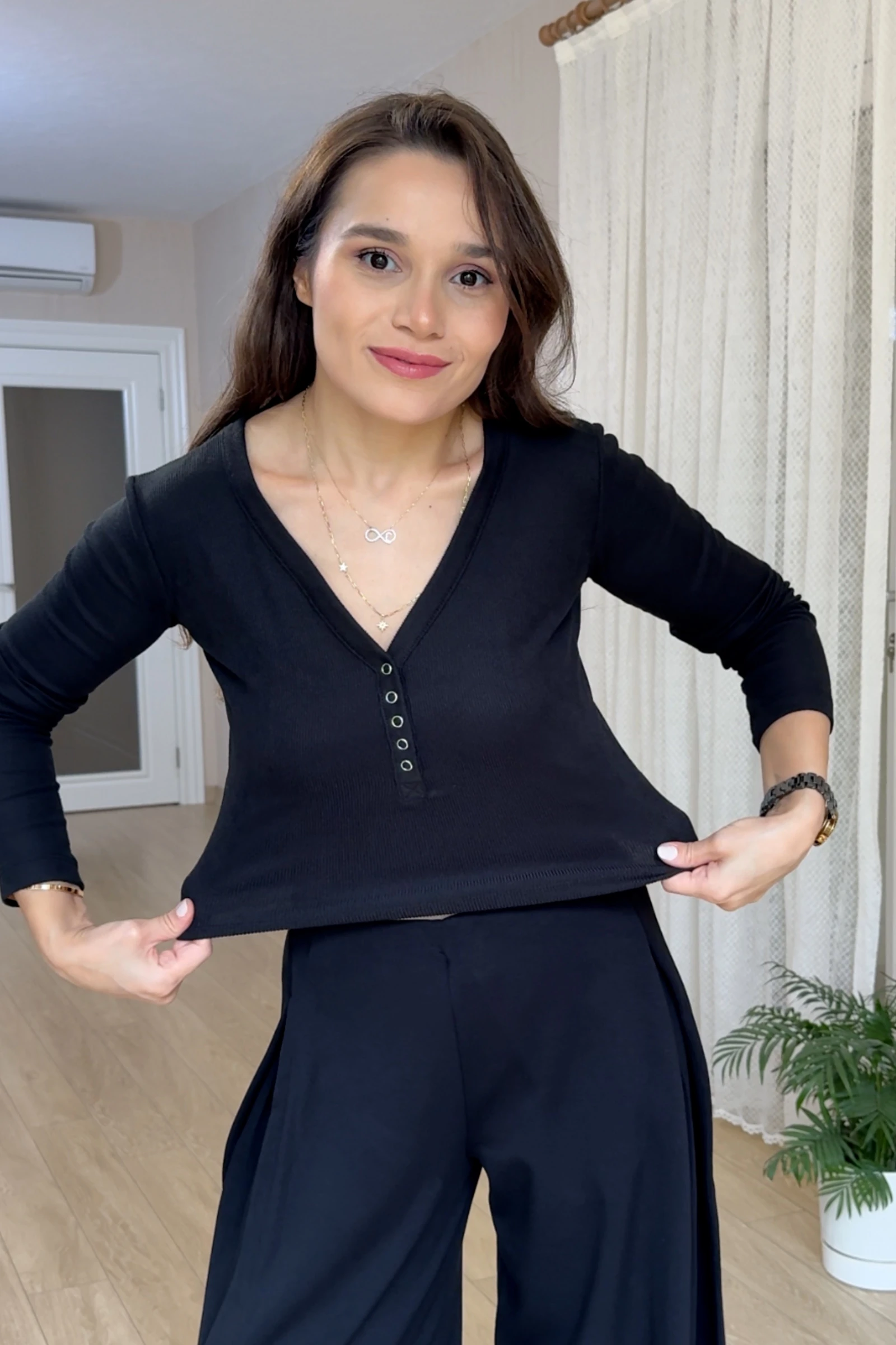 Asha Çıtçıtlı Fitilli Kumaş Bluz - Siyah