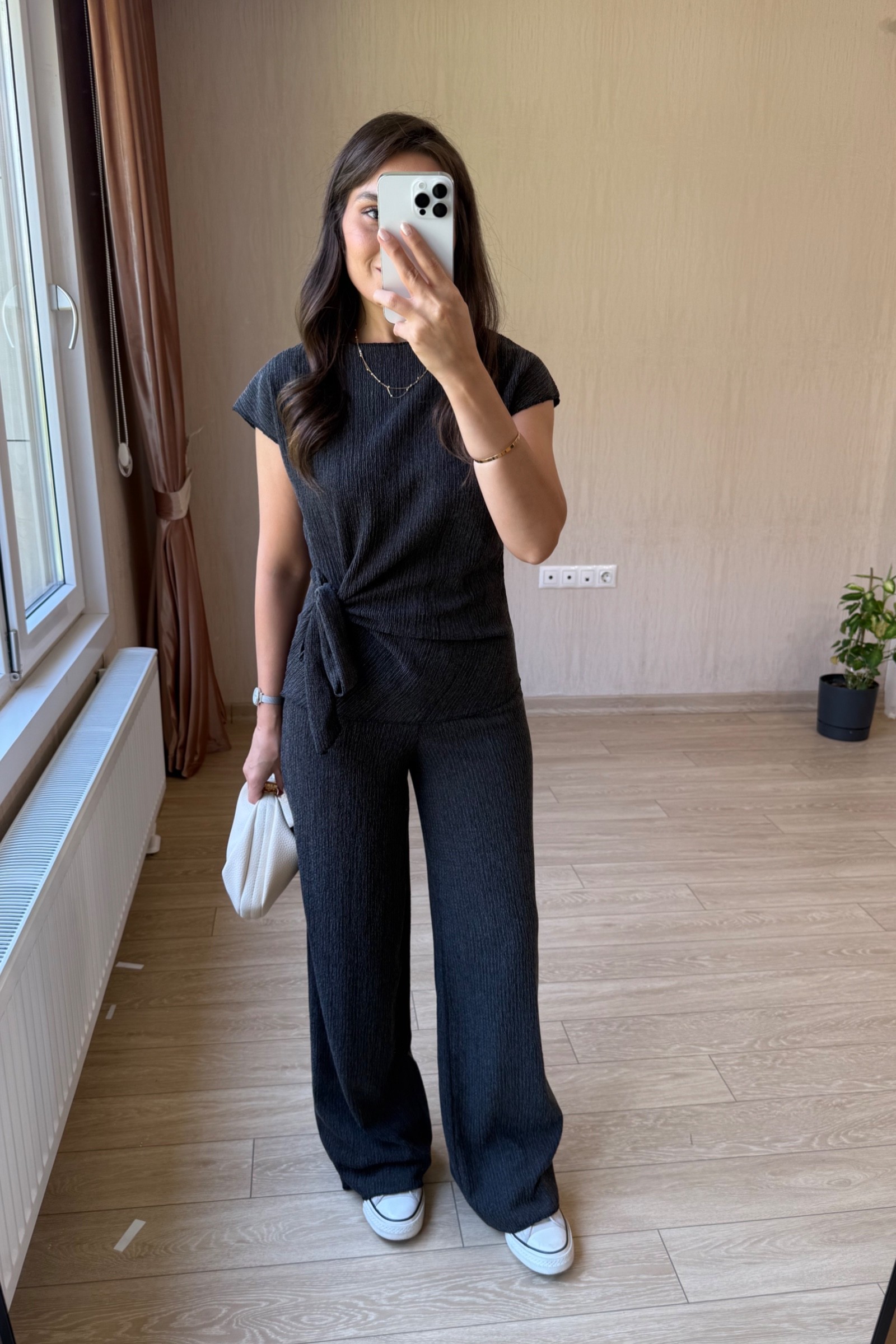 Carina Bağlama Detaylı  Bürümcük Kumaş Takım - Antrasit