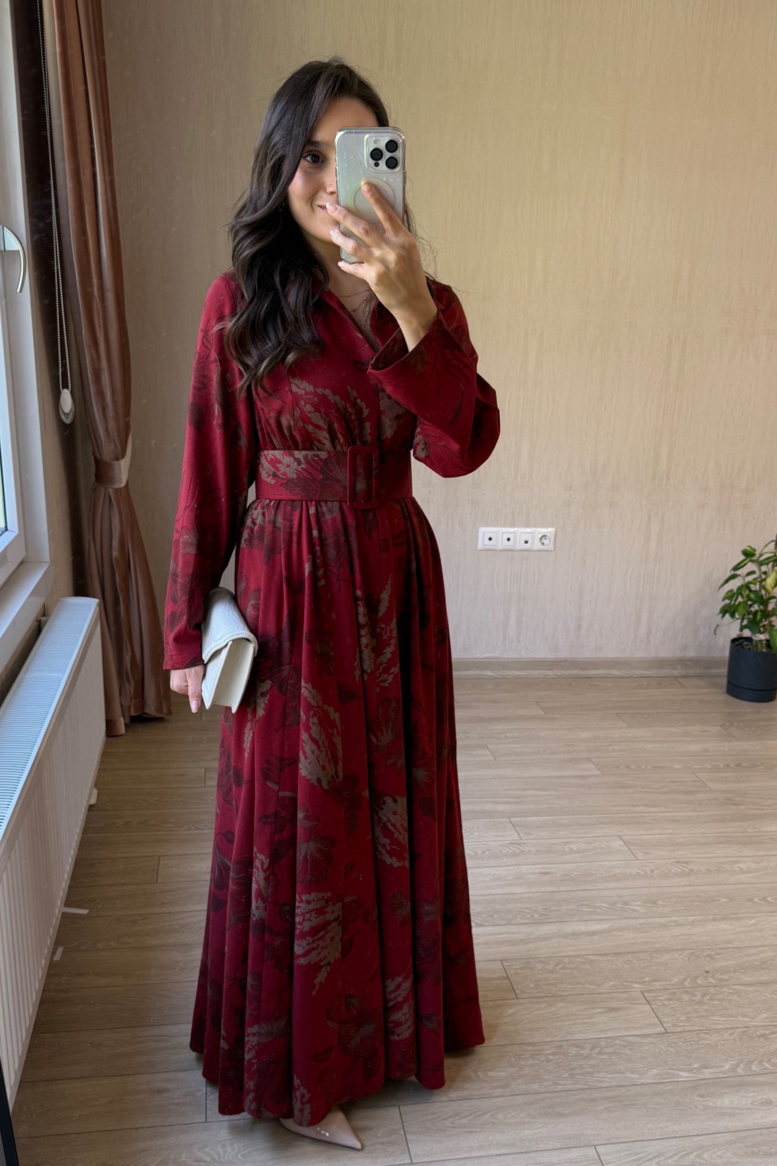 Valentina Oversize Kemerli Keten Kumaş Gömlek Elbise - Bordo
