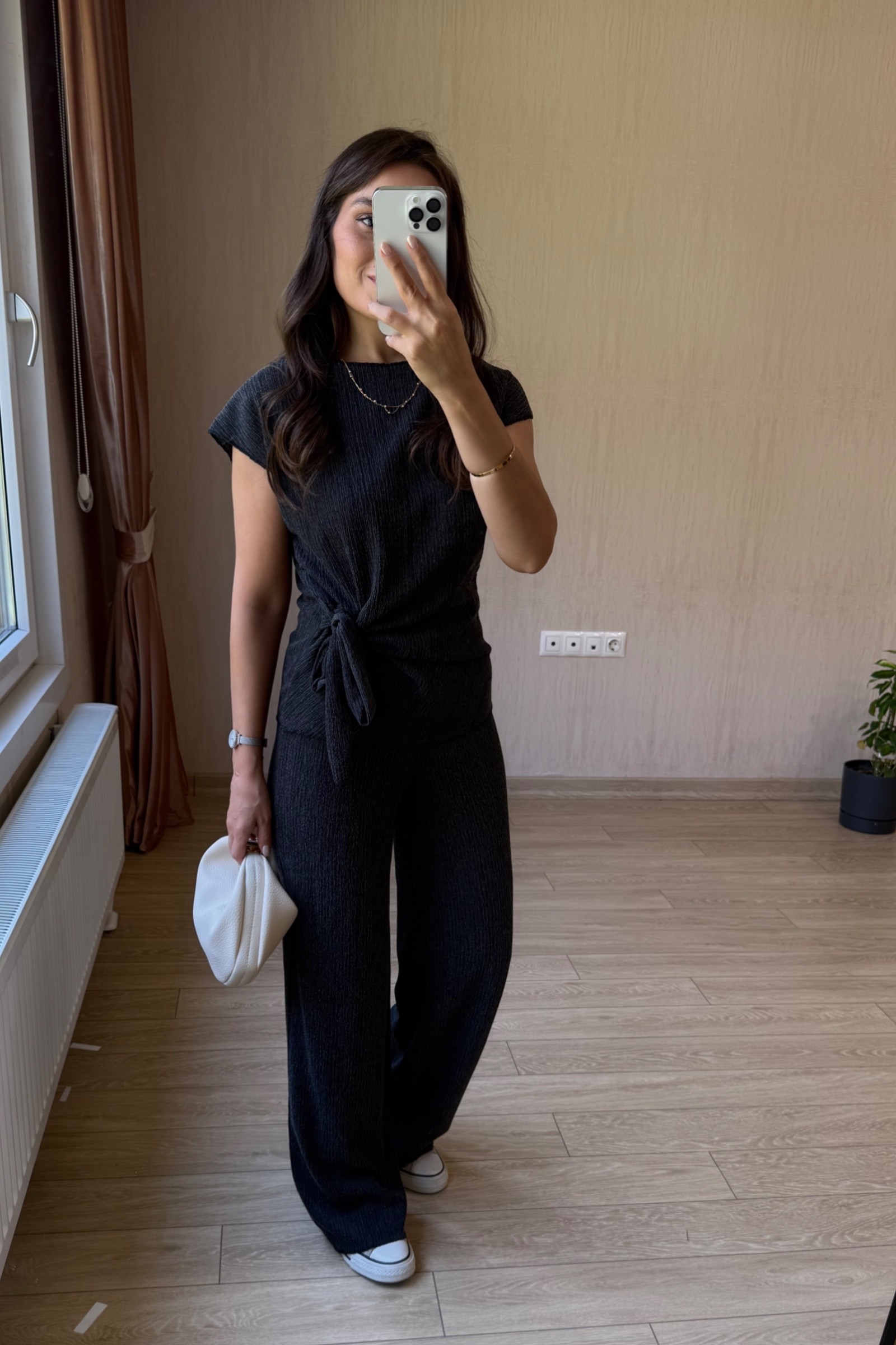 Carina Bağlama Detaylı  Bürümcük Kumaş Takım - Antrasit