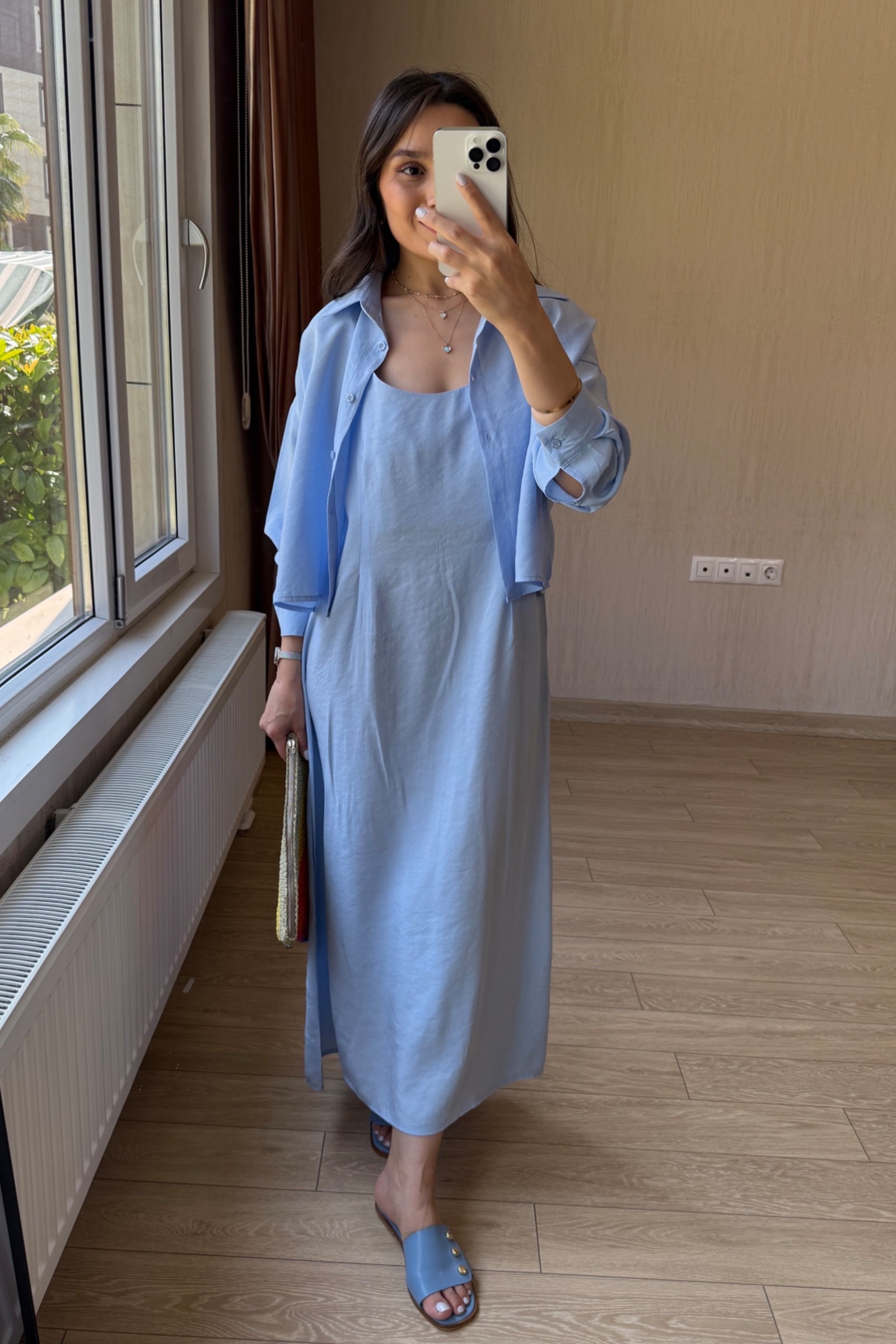 Silva Maksi Boy Askılı Tensel Kumaş Gömlekli Elbise Takım - Bebe Mavisi