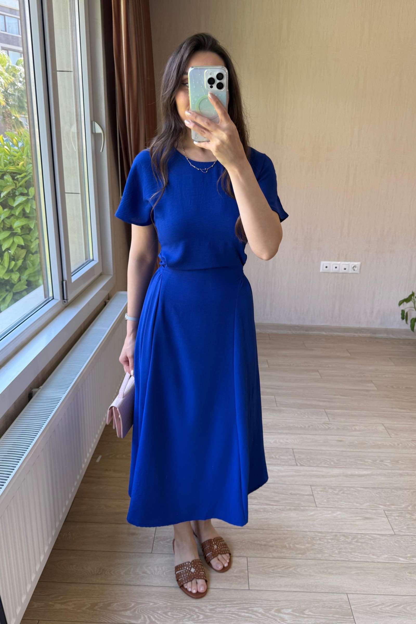 Bianca Belden Bağlamalı Ayrobin Kumaş Elbise - Saks Mavisi
