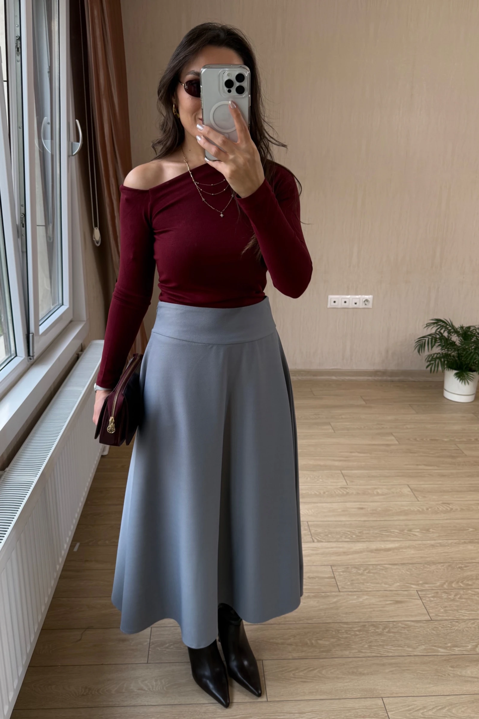 Vivora Diagonel Kumaş Korsaj Kemerli Yandan Gizli Fermuarli Çan Etek - Gri