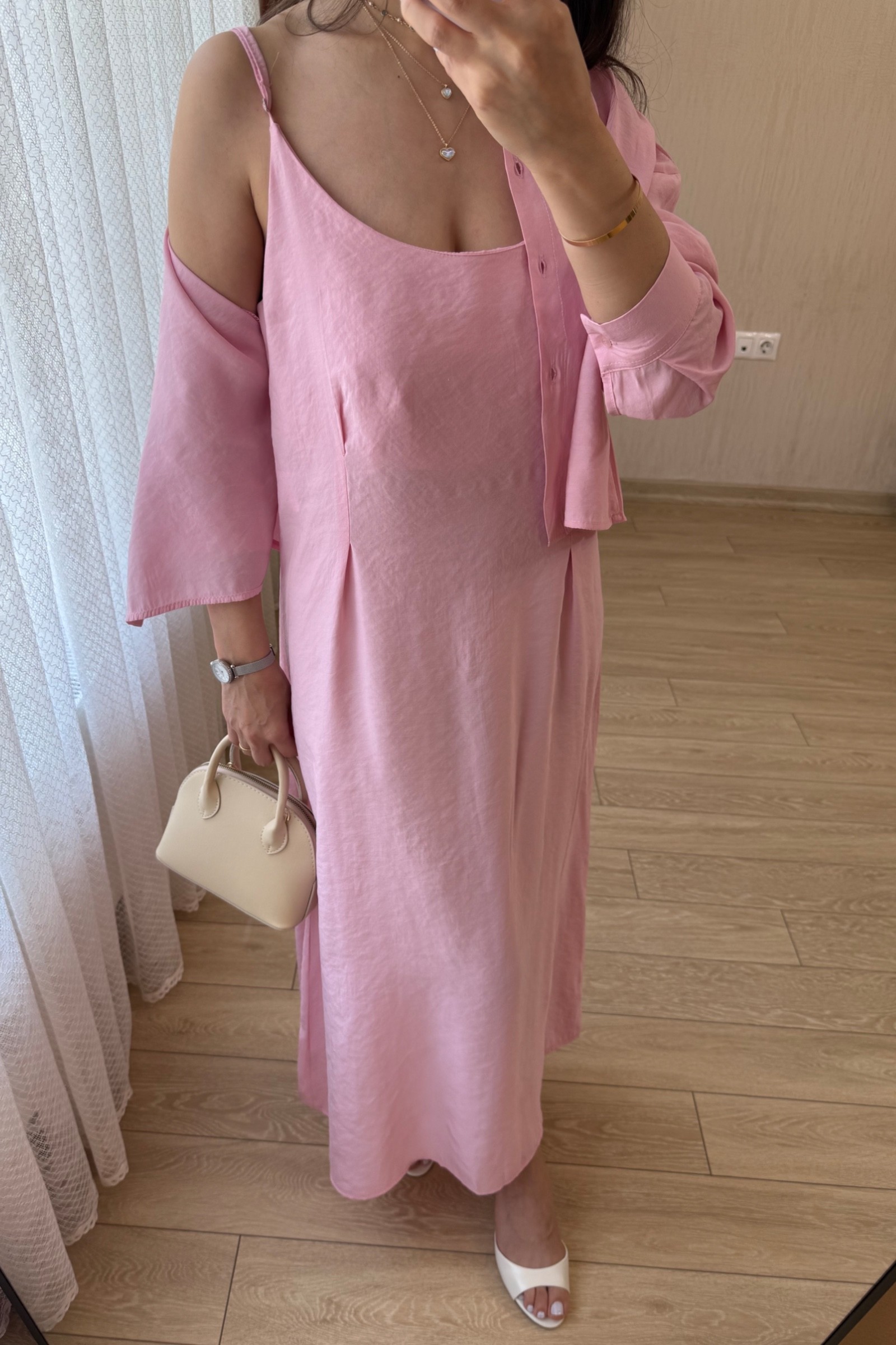 Silva Maksi Boy Askılı Tensel Kumaş Gömlekli Elbise Takım - Pembe
