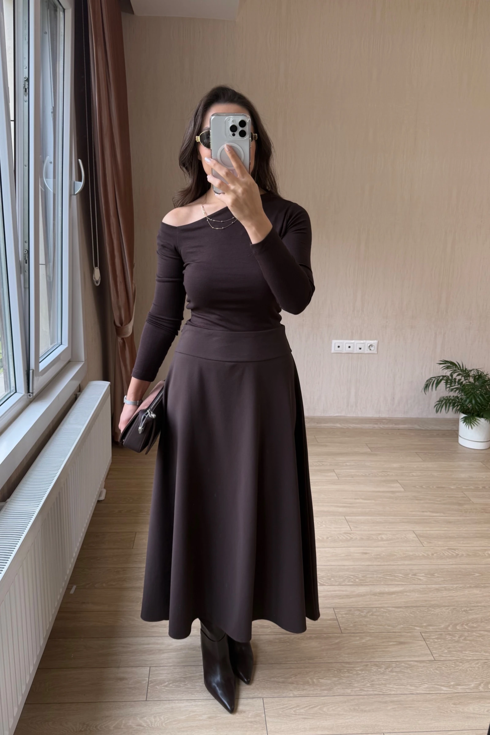 Vivora Diagonel Kumaş Korsaj Kemerli Yandan Gizli Fermuarli Çan Etek - Acı Kahve