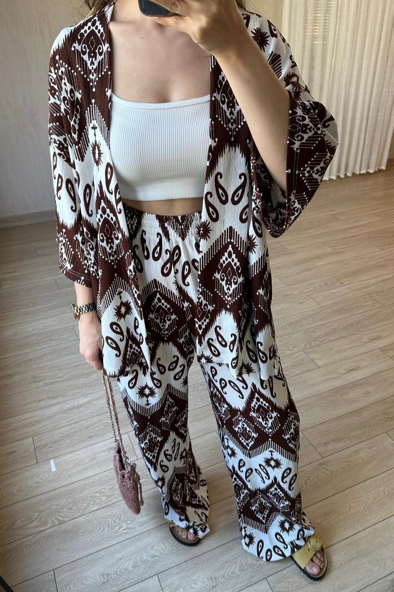 Milano Desenli Kimono Takım - Kahverengi