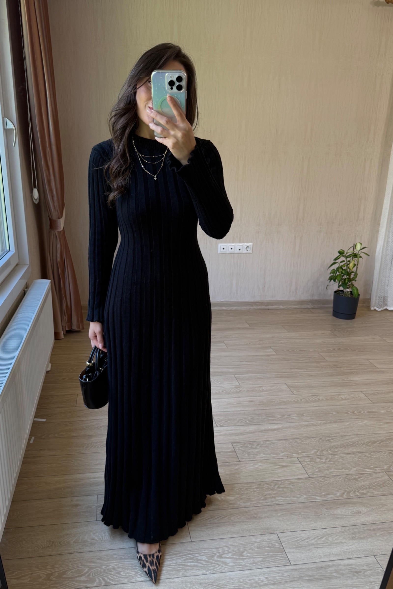 Amor Premium Kumaş Triko Elbise - Siyah