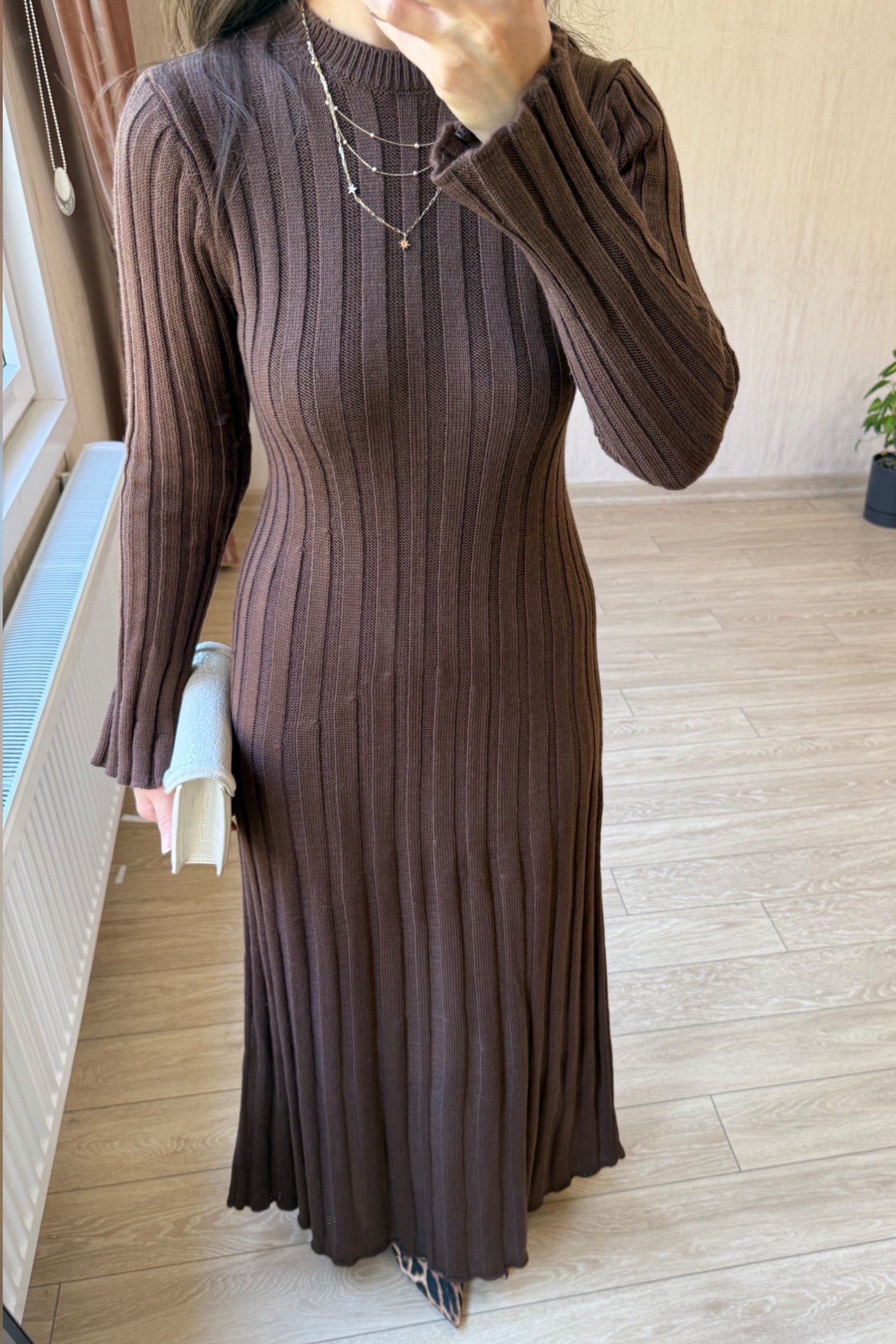 Amor Premium Kumaş Triko Elbise - Kahverengi