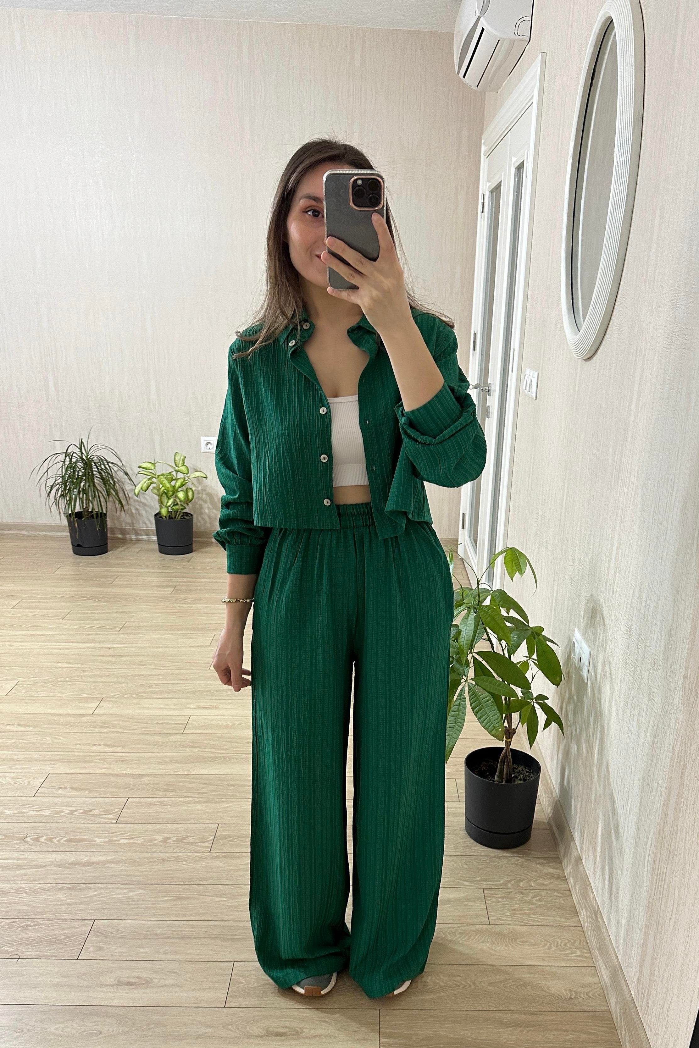 Lena Zümrüt Yeşili Kısa Gömlekli Gofre Takım