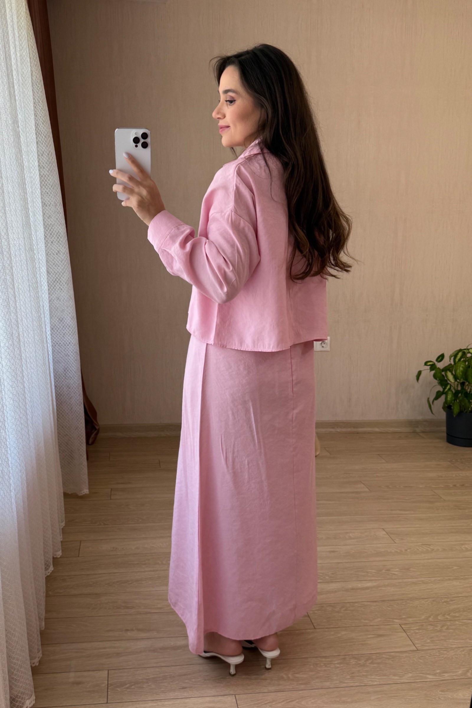 Silva Maksi Boy Askılı Tensel Kumaş Gömlekli Elbise Takım - Pembe