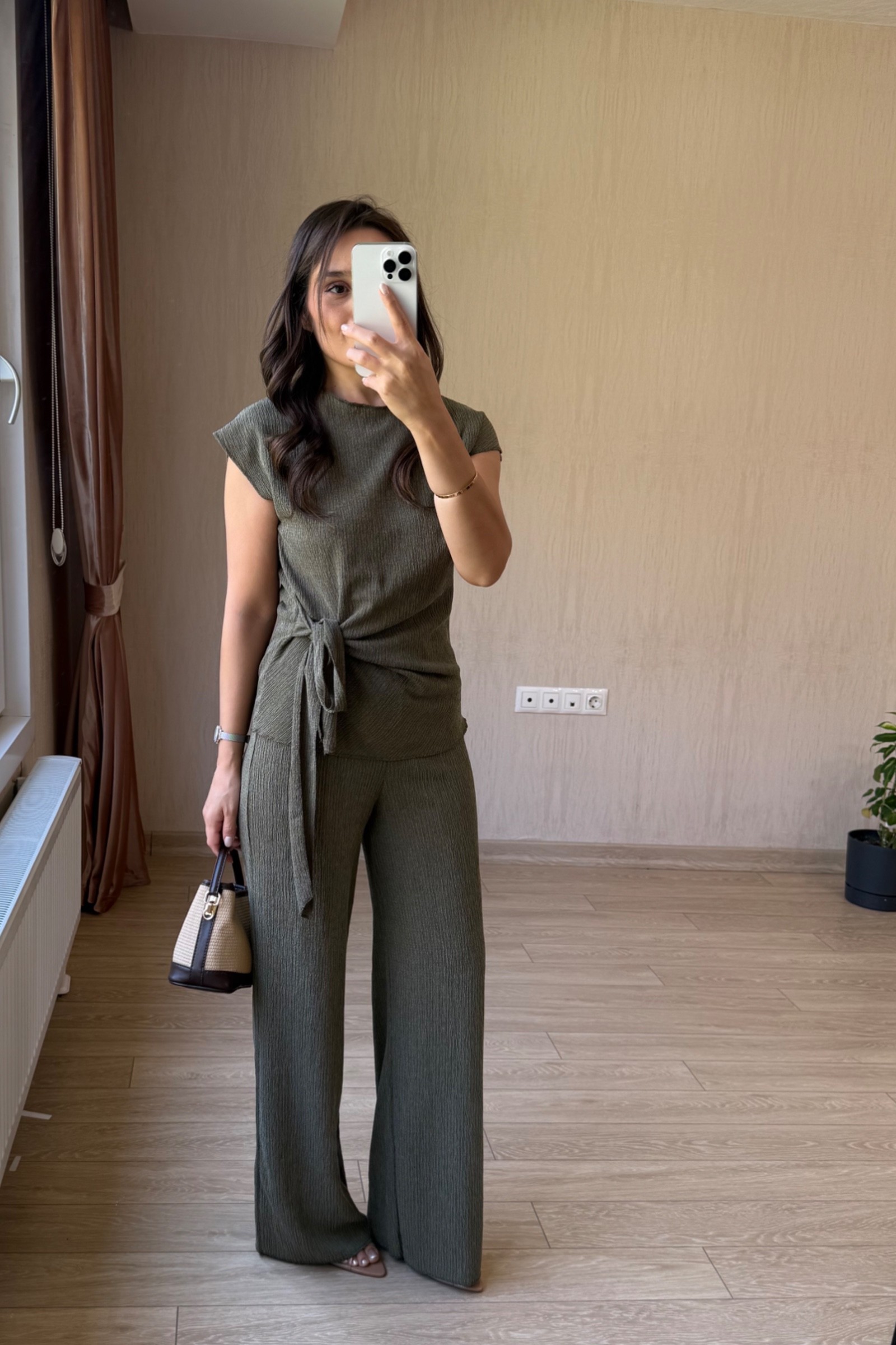 Carina Bağlama Detaylı  Bürümcük Kumaş Takım - Haki