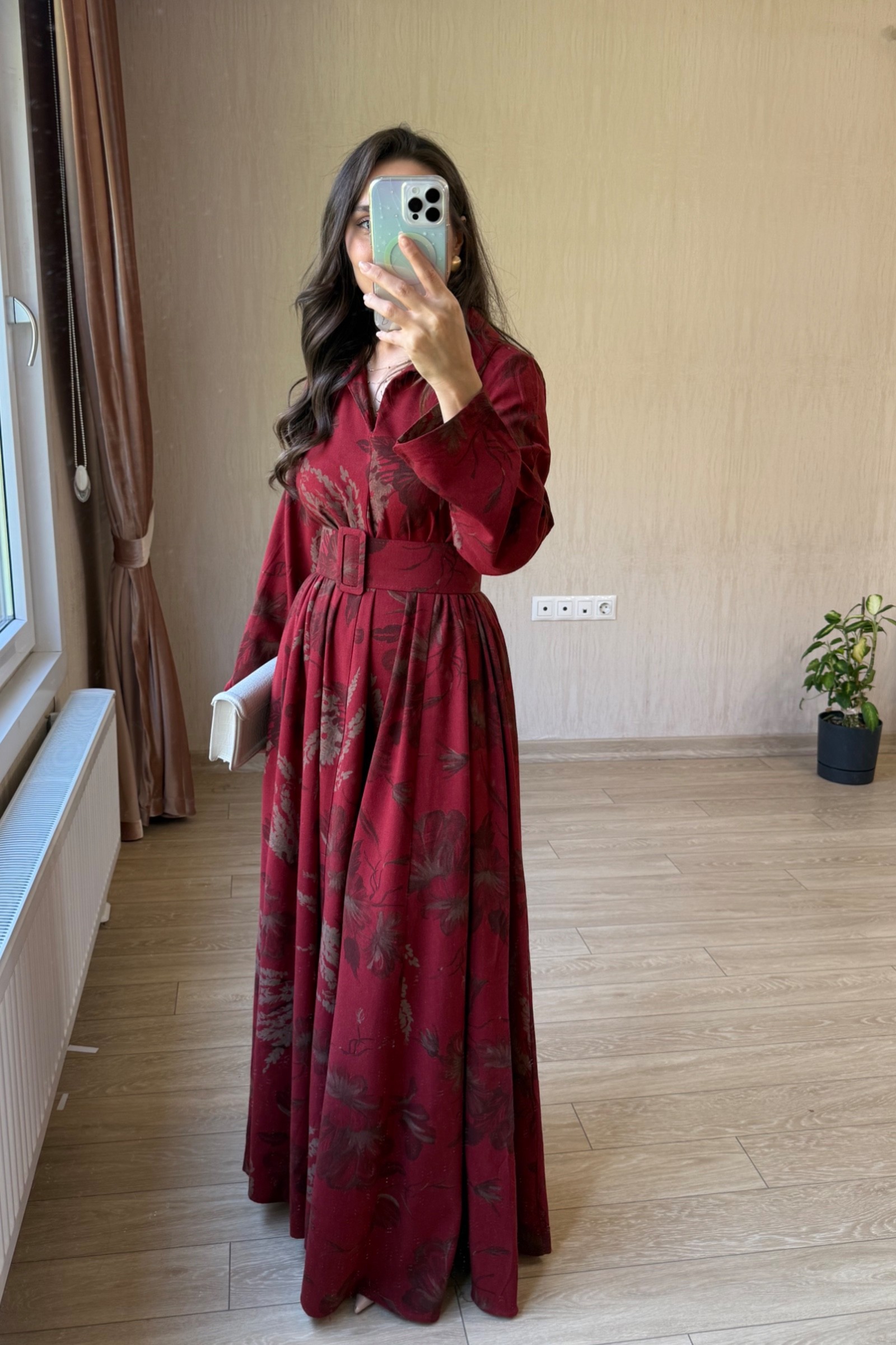Valentina Oversize Kemerli Keten Kumaş Gömlek Elbise - Bordo
