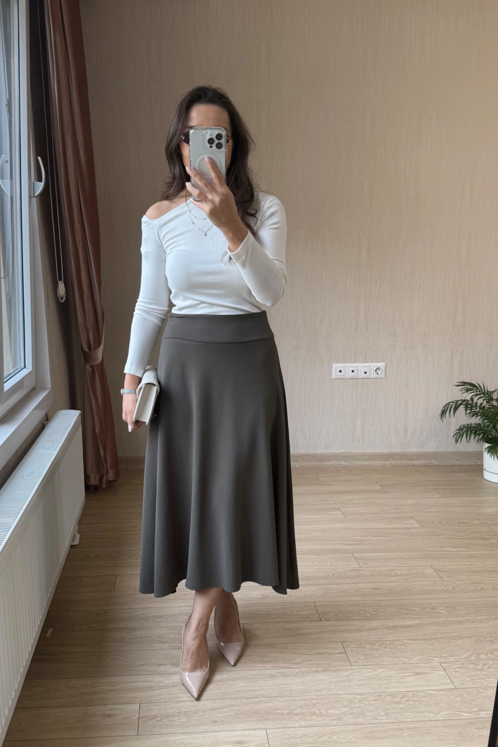 Vivora Diagonel Kumaş Korsaj Kemerli Yandan Gizli Fermuarli Çan Etek - Haki