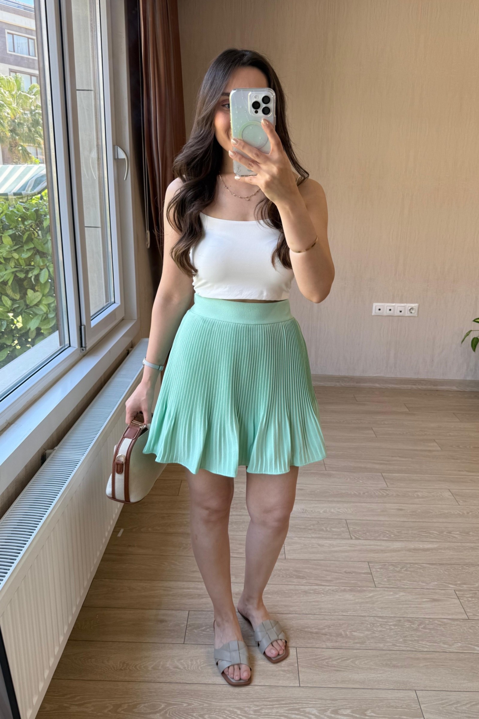 Sonya Pileli Şort Etek - Quzu 