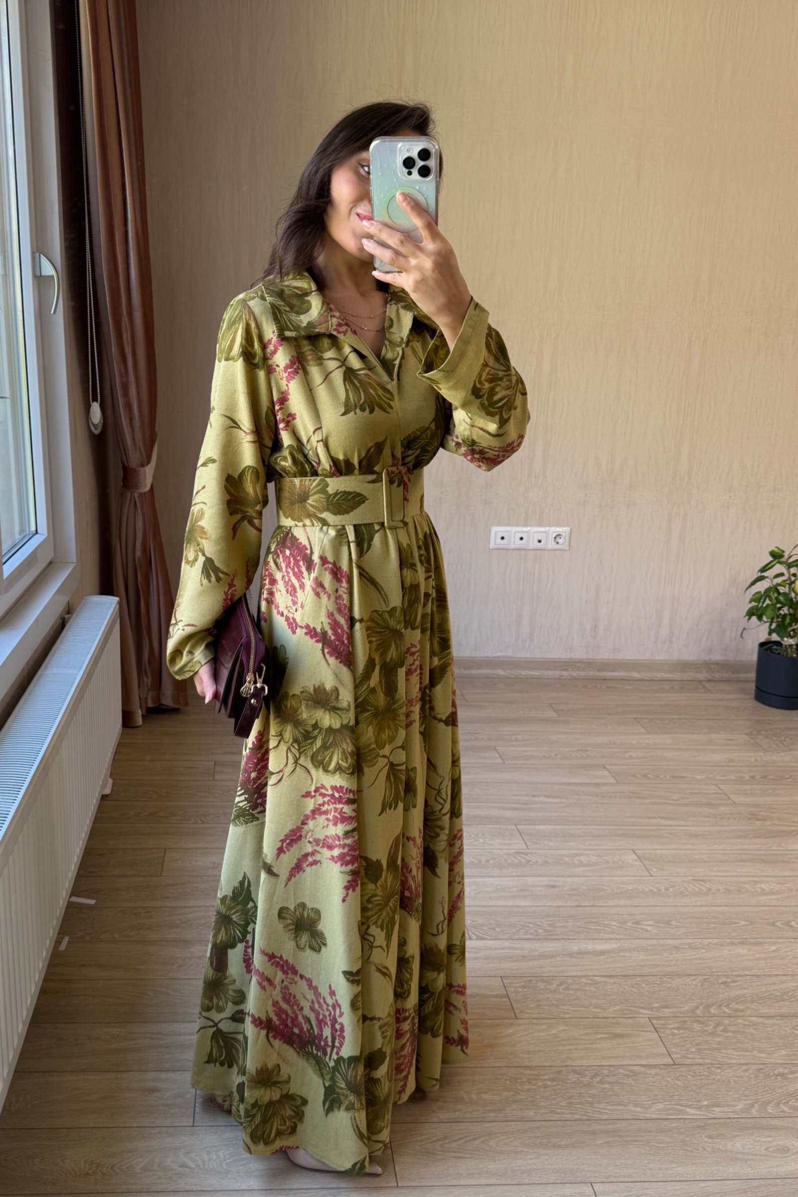 Valentina Oversize Kemerli Keten Kumaş Gömlek Elbise - Yağ Yeşili