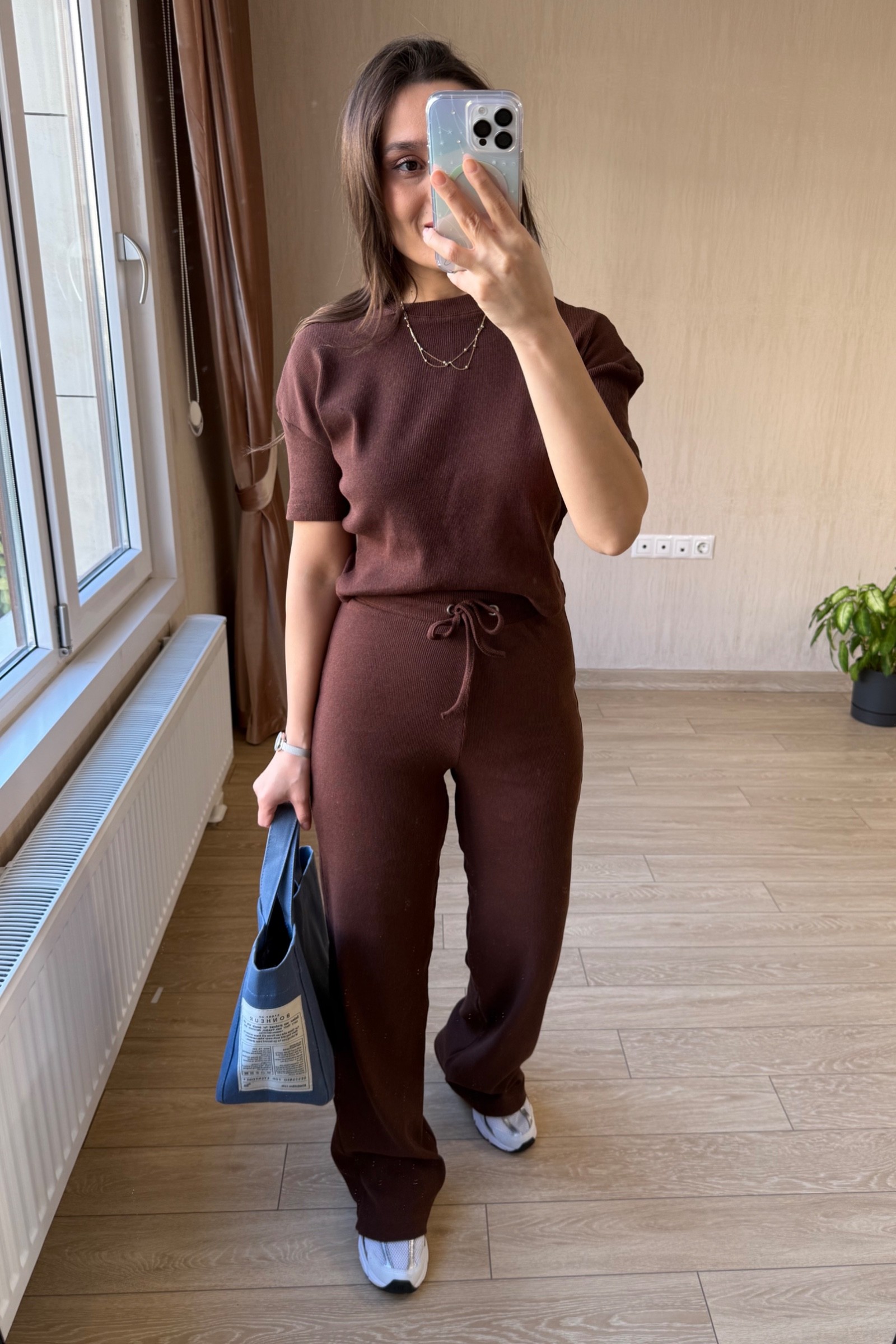 Yanessa Kısa Kollu Fitilli Kumaş Takım - Kahverengi