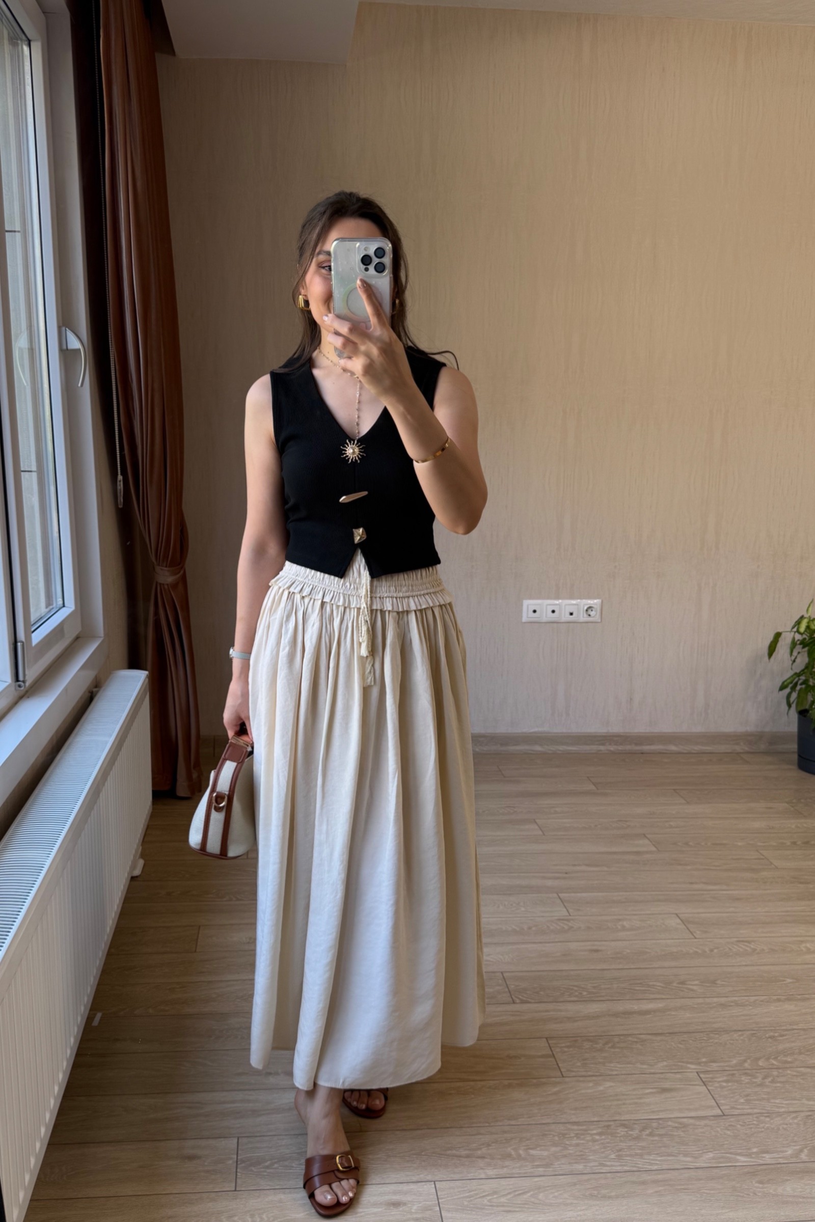 Manolya Beli Lastikli Tensel-Modal Kumaş Etek - Krem