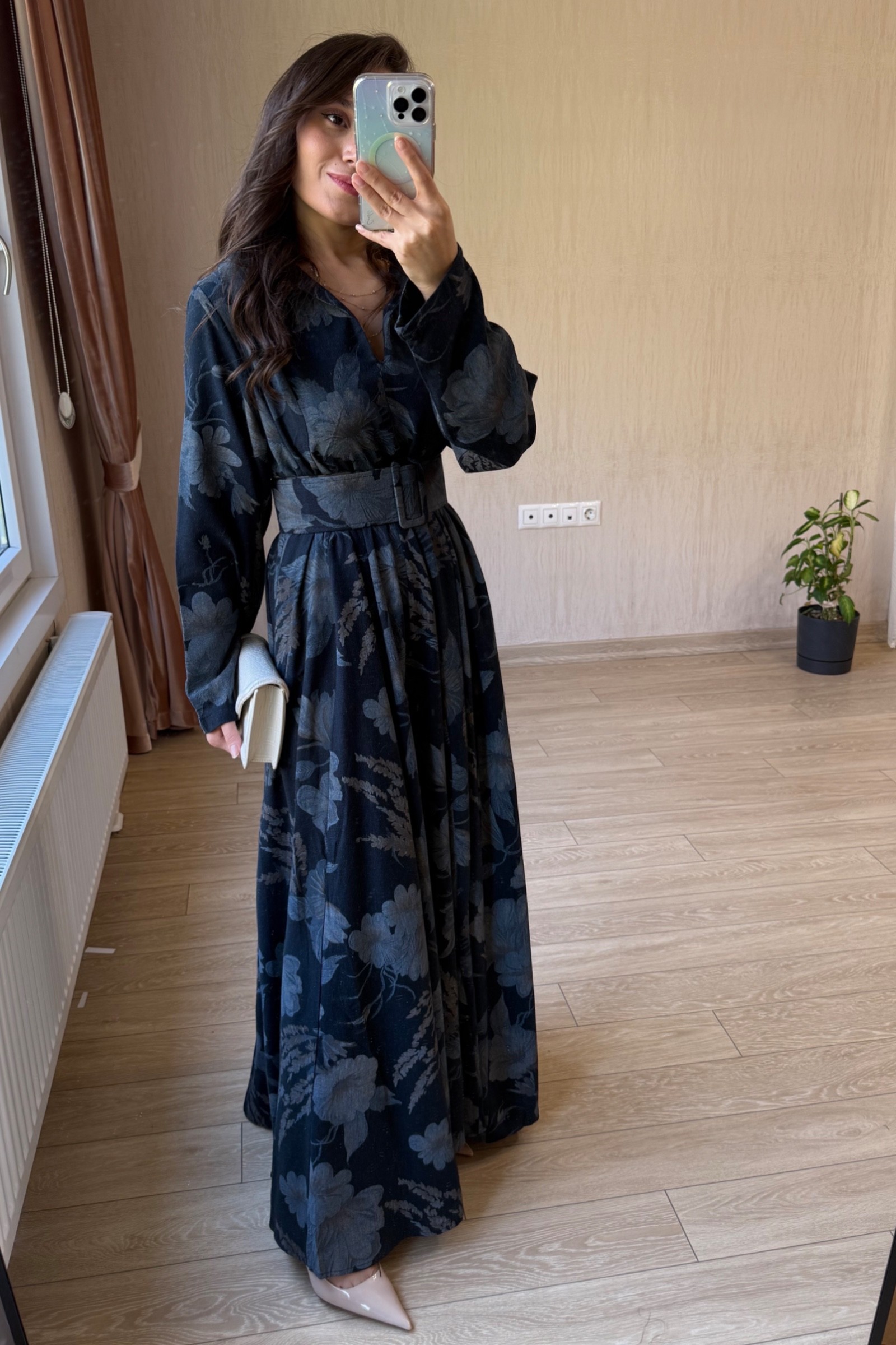 Valentina Oversize Kemerli Keten Kumaş Gömlek Elbise - Lacivert