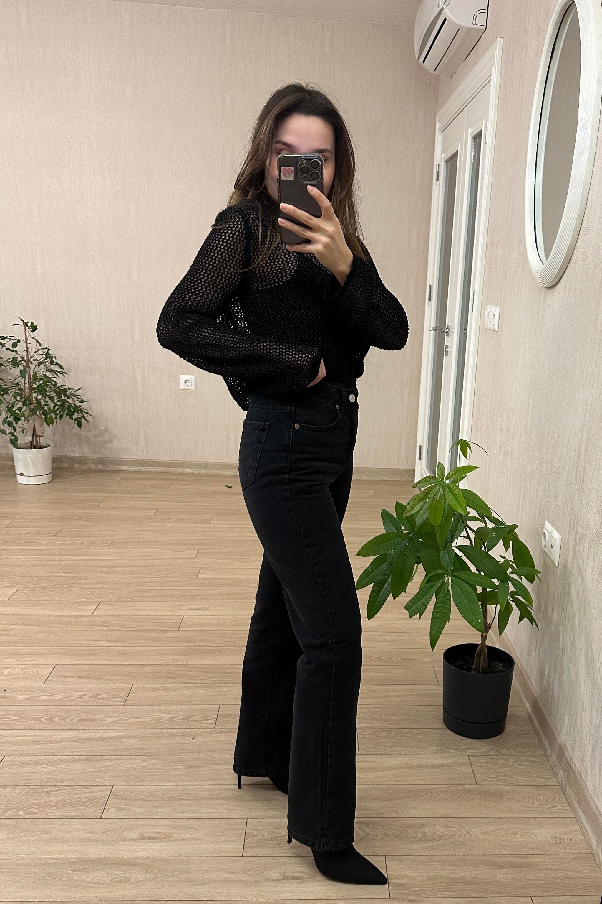 Simli Ajur Desen Bisiklet Yaka Crop Kazak Siyah