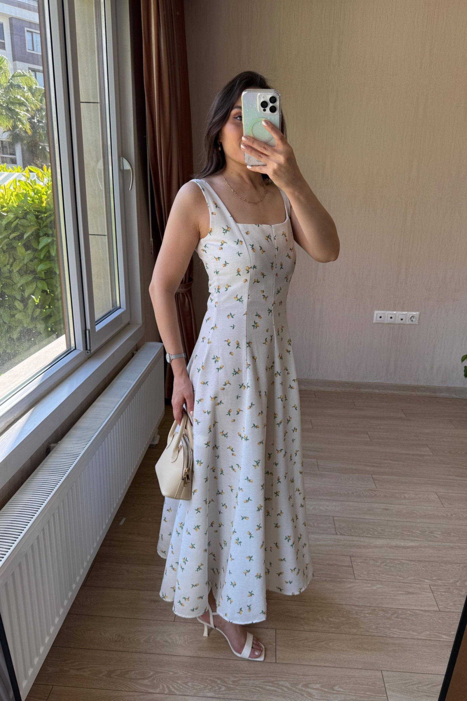 Clara Limon Desenli Kare Yaka Keten Kumaş Elbise
