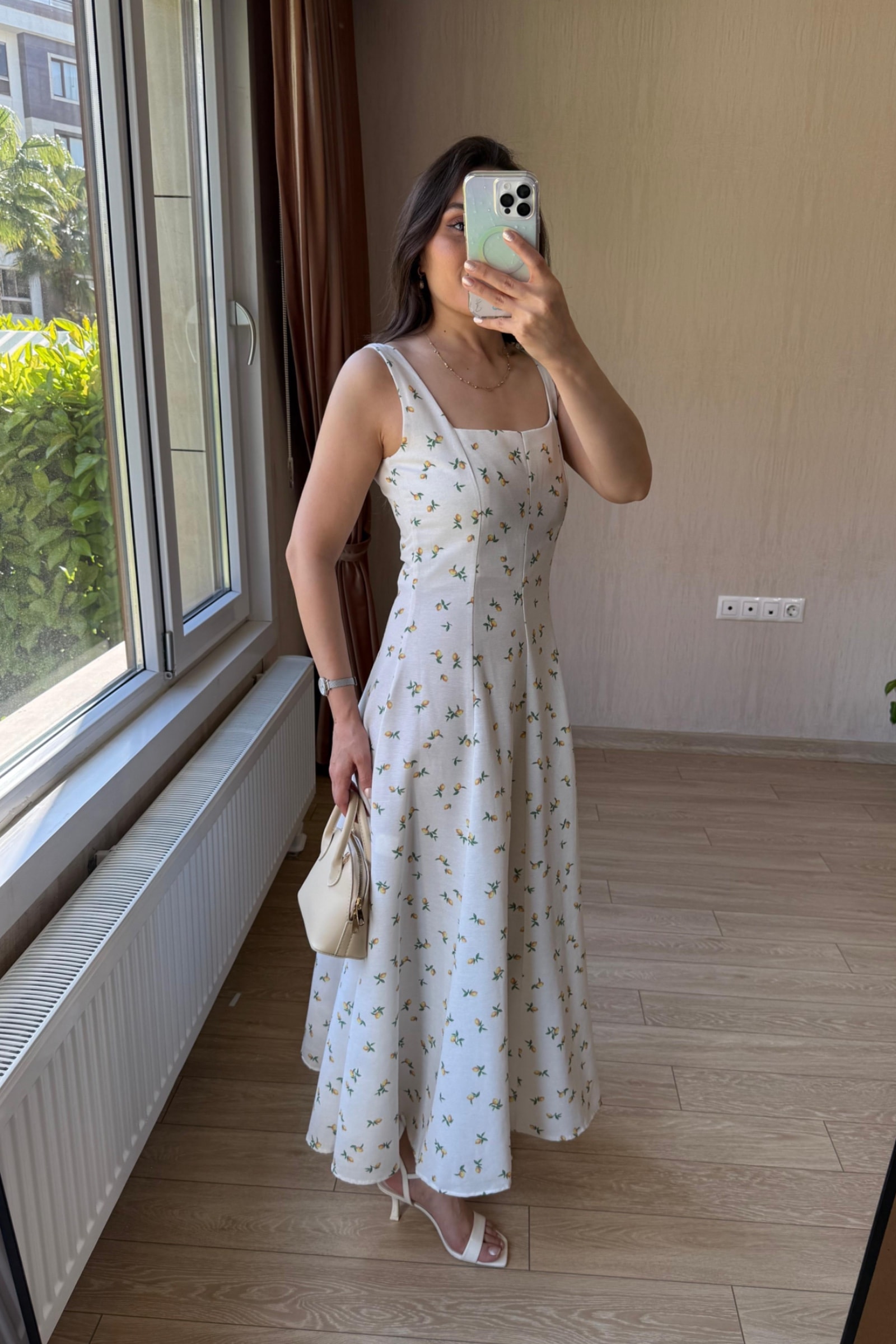 Clara Limon Desenli Kare Yaka Keten Kumaş Elbise