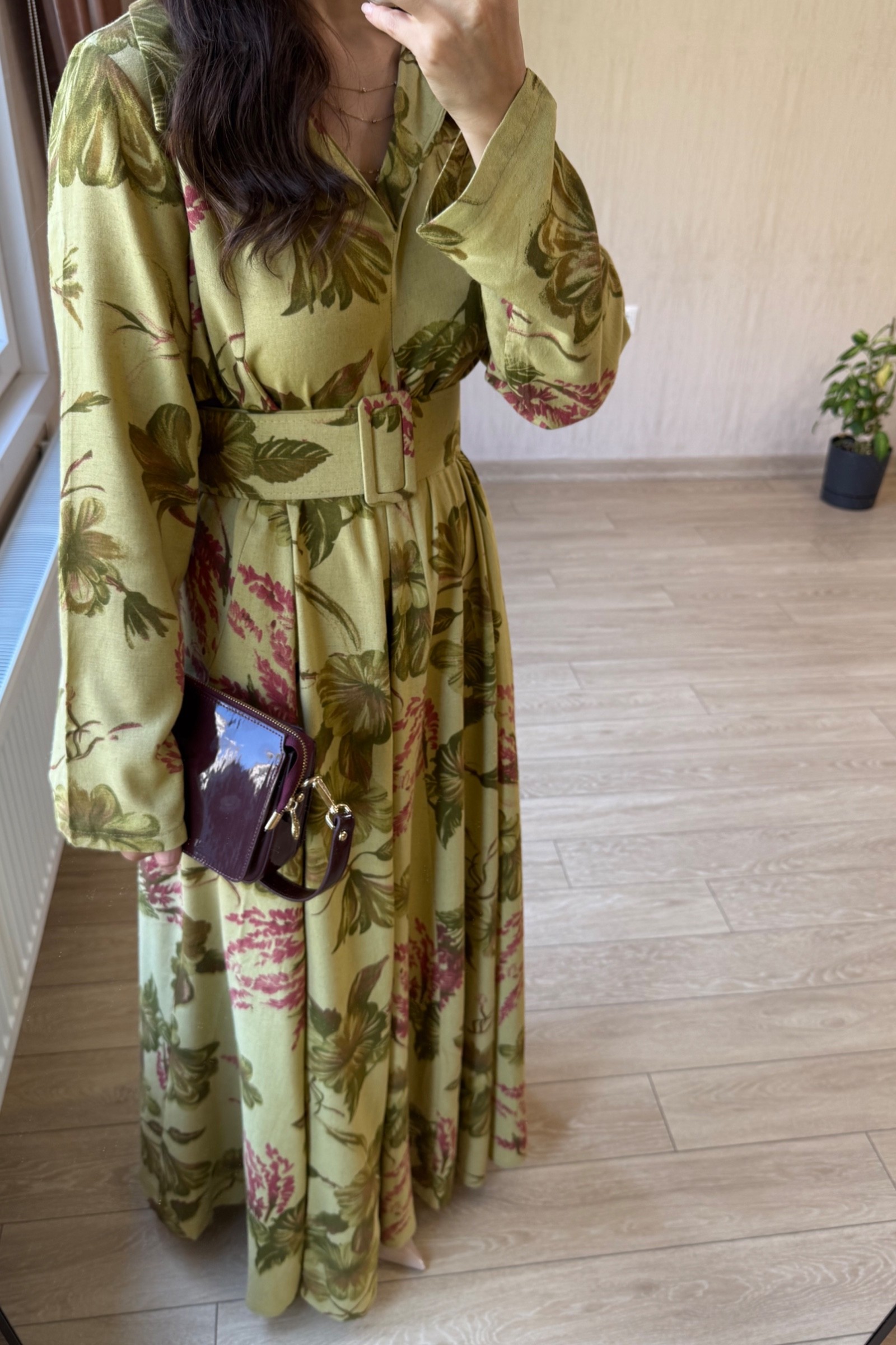Valentina Oversize Kemerli Keten Kumaş Gömlek Elbise - Yağ Yeşili