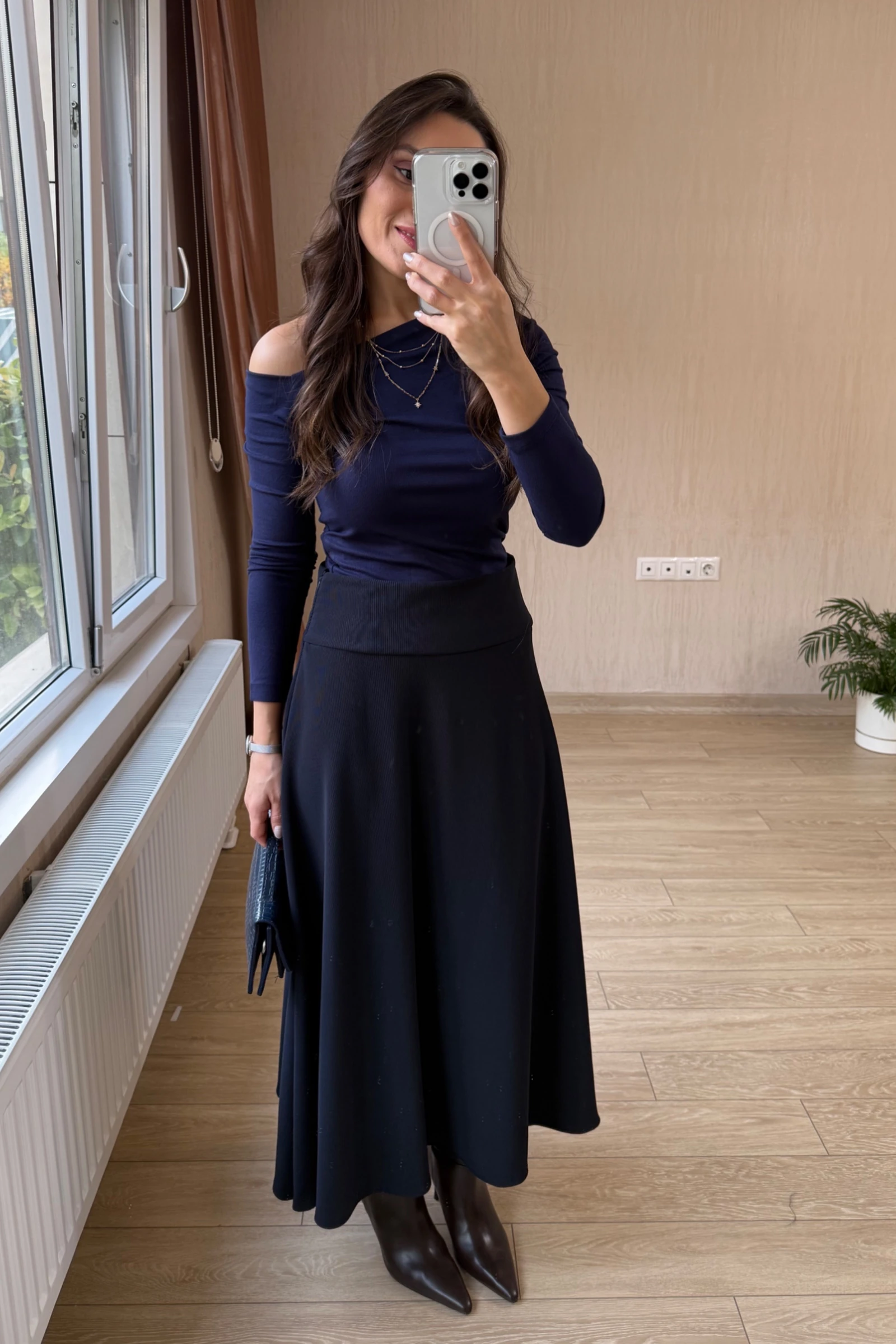 Vivora Diagonel Kumaş Korsaj Kemerli Yandan Gizli Fermuarli Çan Etek - Lacivert