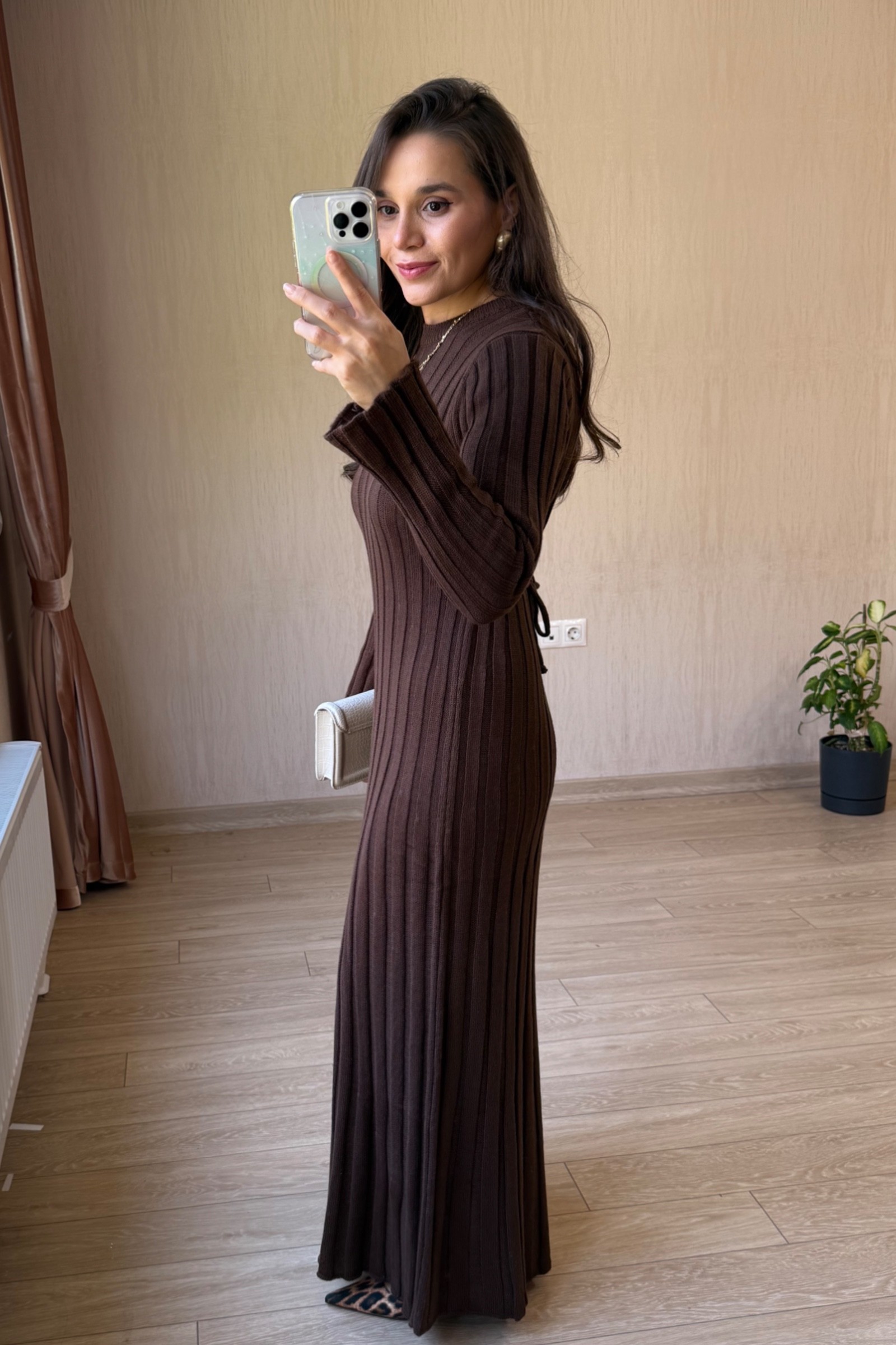 Amor Premium Kumaş Triko Elbise - Kahverengi