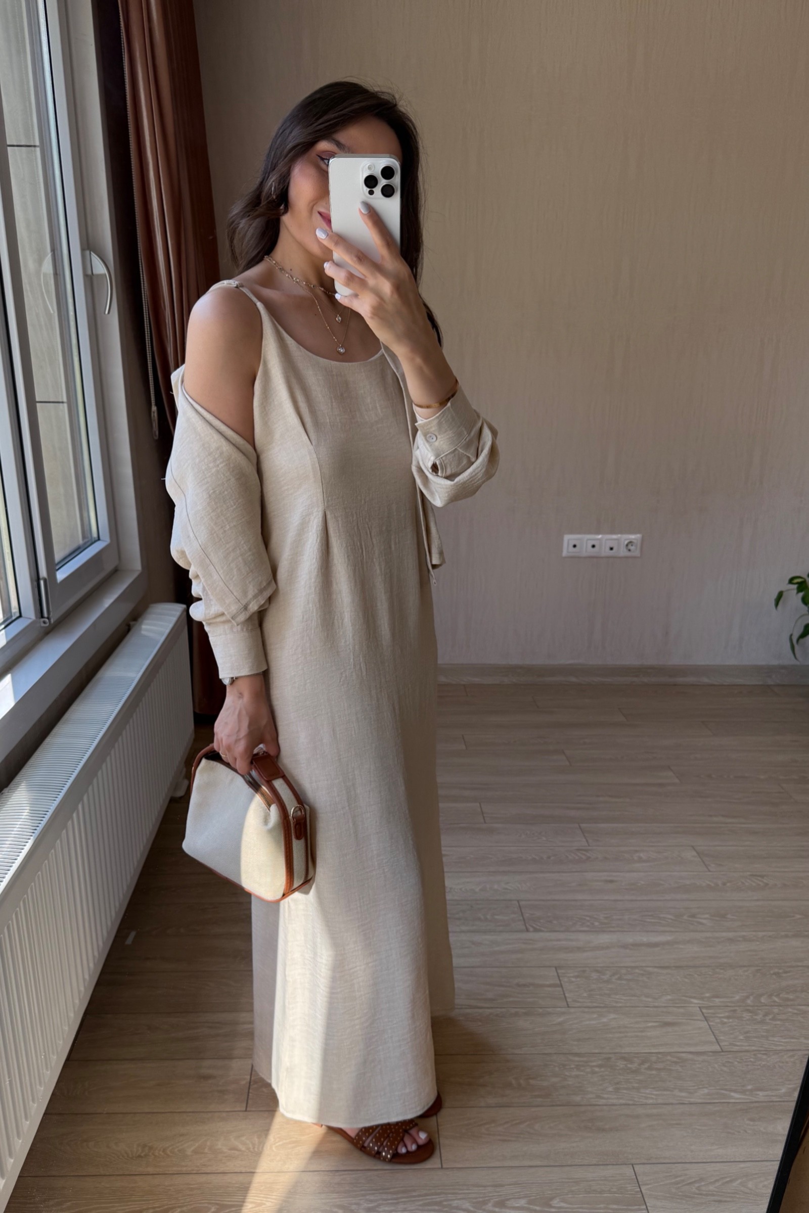 Tessia Maksi Boy Askılı Sofya Keten Kumaş Gömlekli Elbise Takım - Krem