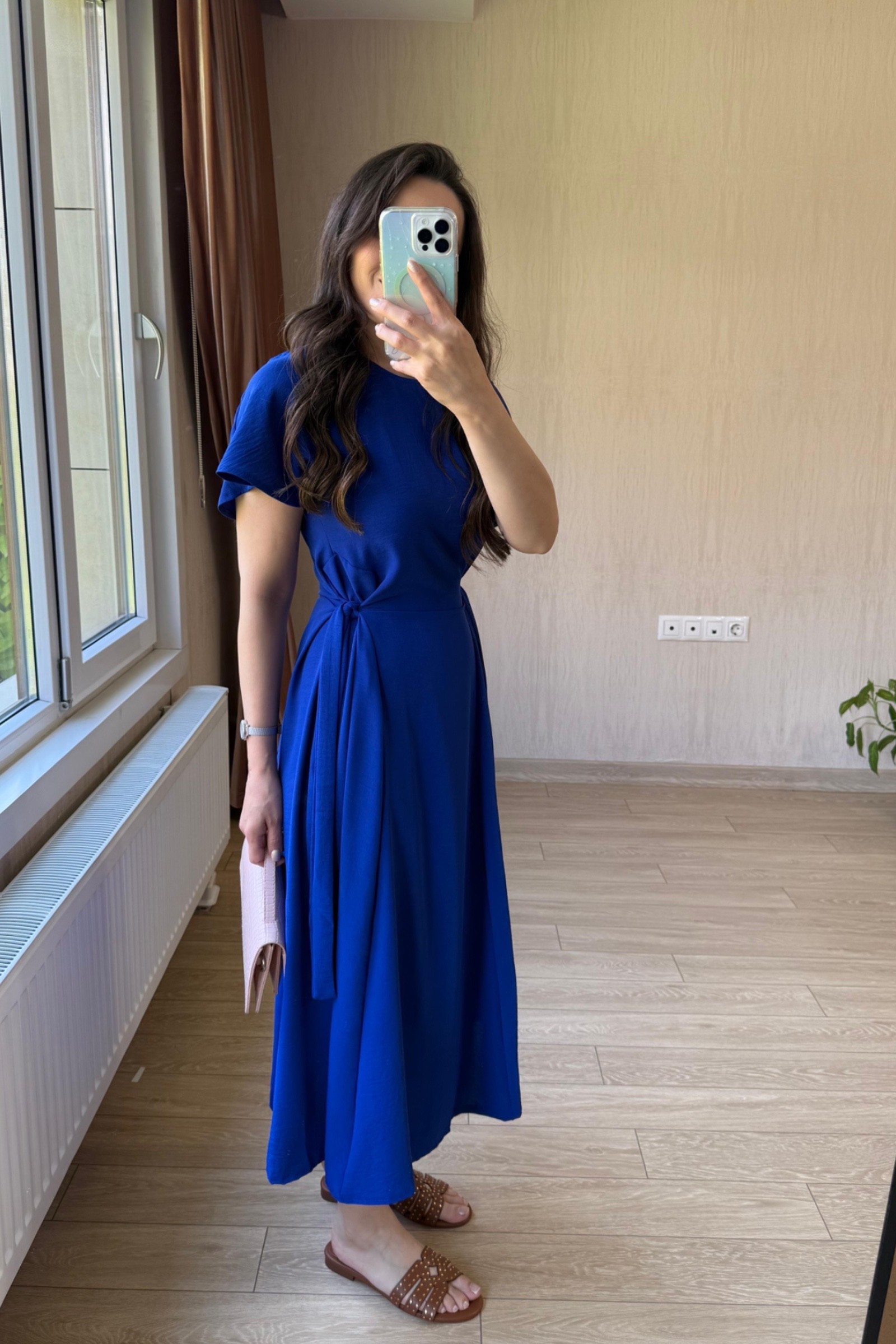 Bianca Belden Bağlamalı Ayrobin Kumaş Elbise - Saks Mavisi
