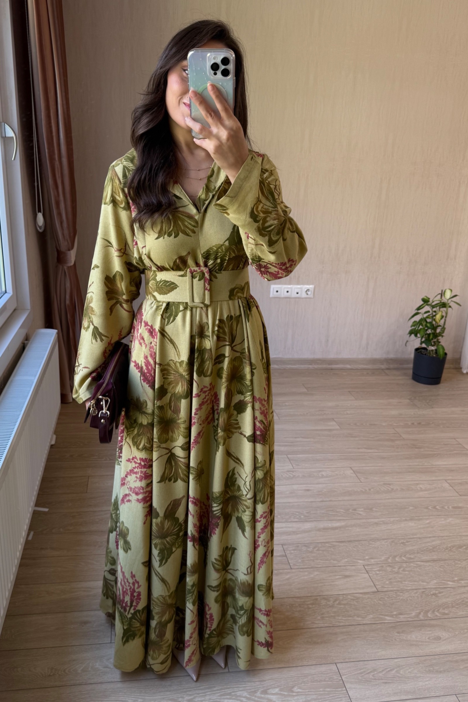 Valentina Oversize Kemerli Keten Kumaş Gömlek Elbise - Yağ Yeşili