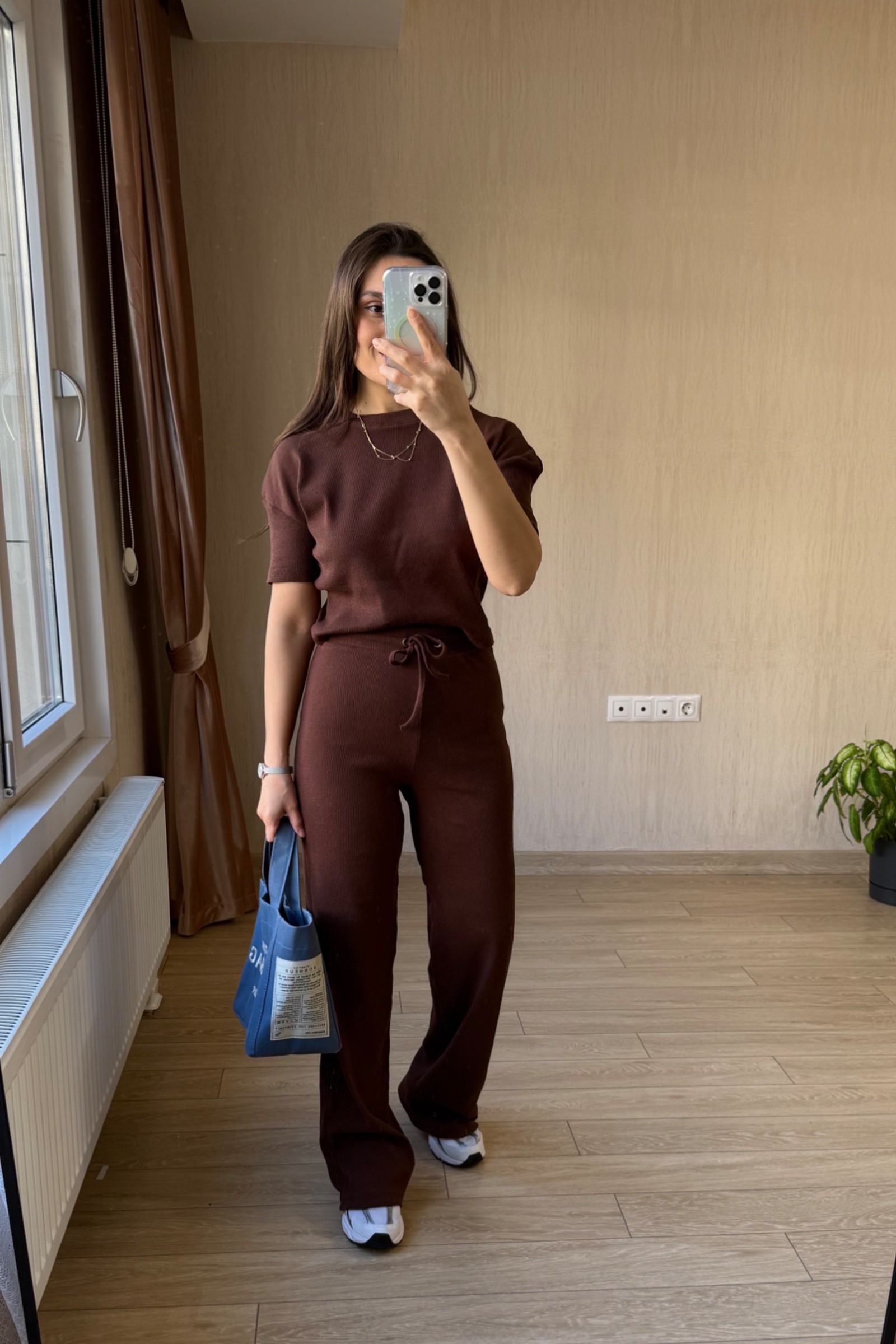 Yanessa Kısa Kollu Fitilli Kumaş Takım - Kahverengi