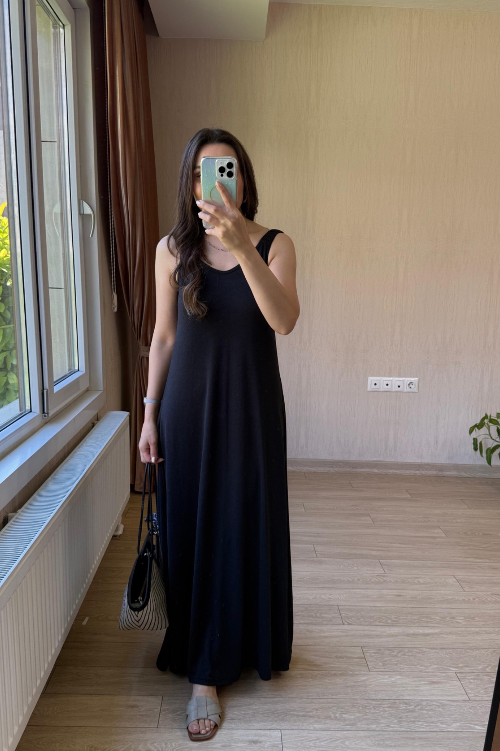 Vanya Maksi Boy Askılı Pike Modal Kumaş Elbise - Siyah
