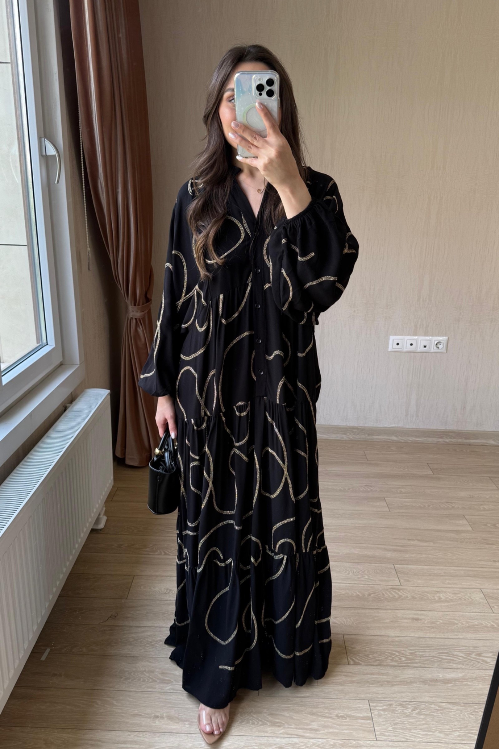 Orella Gold Dikiş Desenli Viskon Kumaş Elbise - Siyah