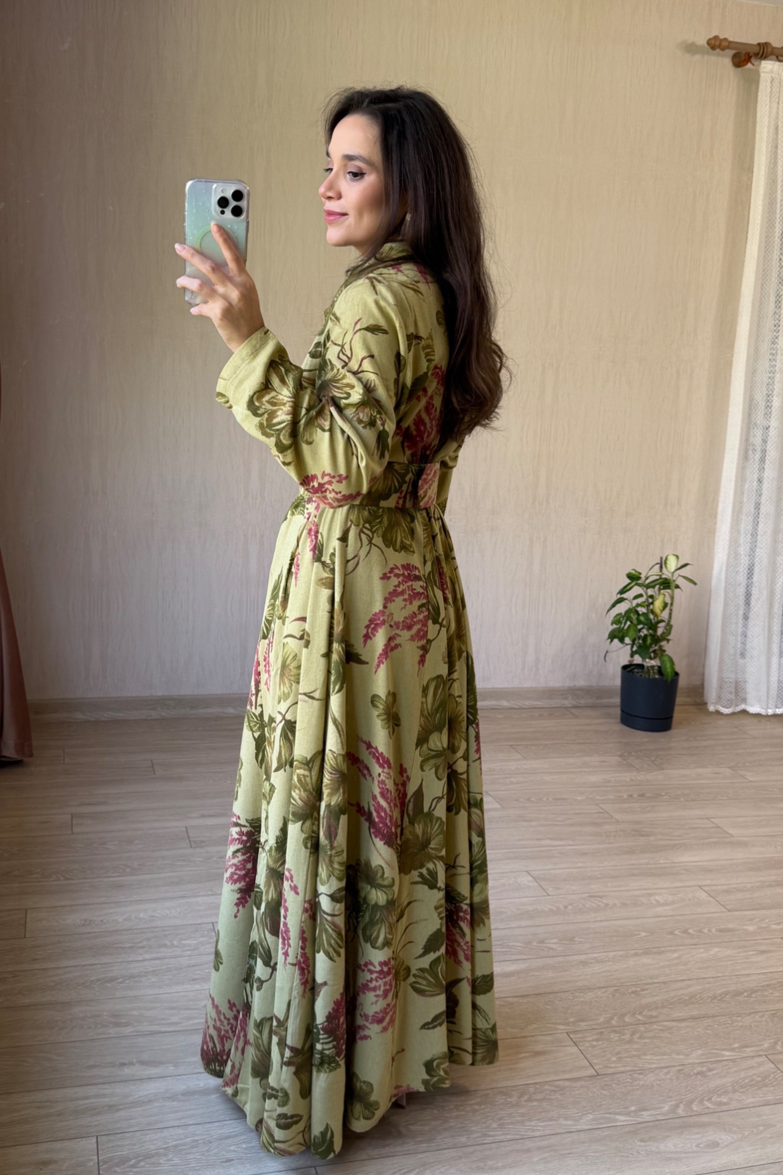 Valentina Oversize Kemerli Keten Kumaş Gömlek Elbise - Yağ Yeşili