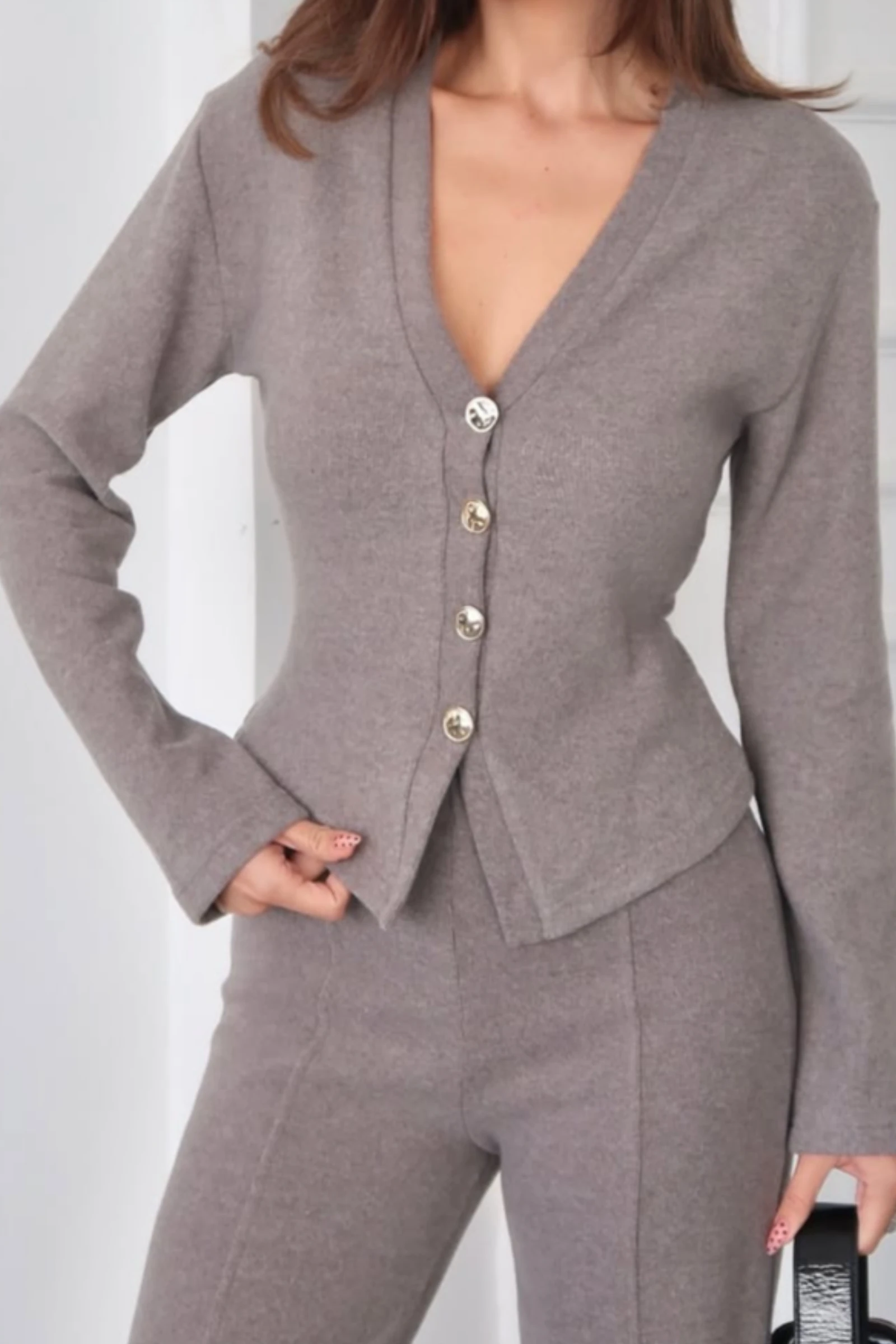 Vanessa Qısaqol Korduroy Kostyum - Nanə Yaşıl - Açık Kahve