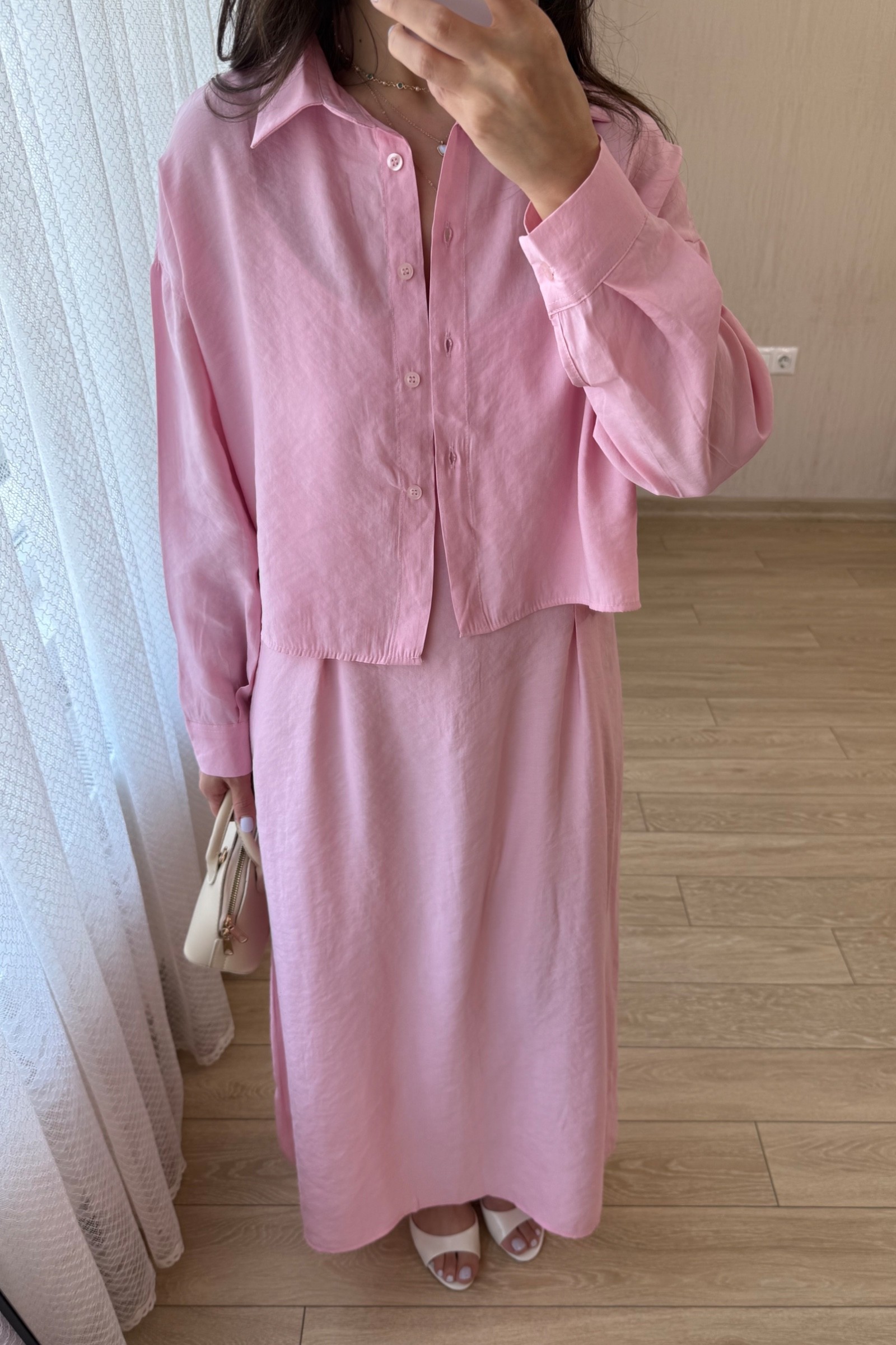 Silva Maksi Boy Askılı Tensel Kumaş Gömlekli Elbise Takım - Pembe
