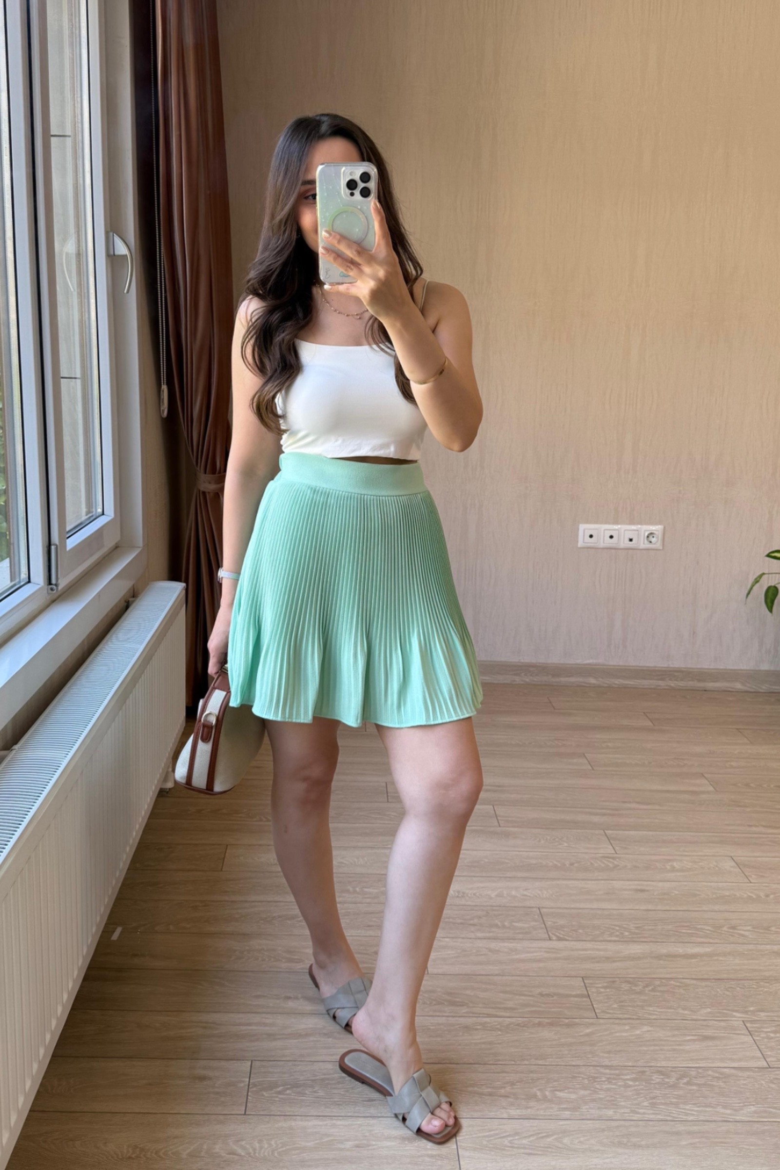 Sonya Pileli Şort Etek - Quzu 