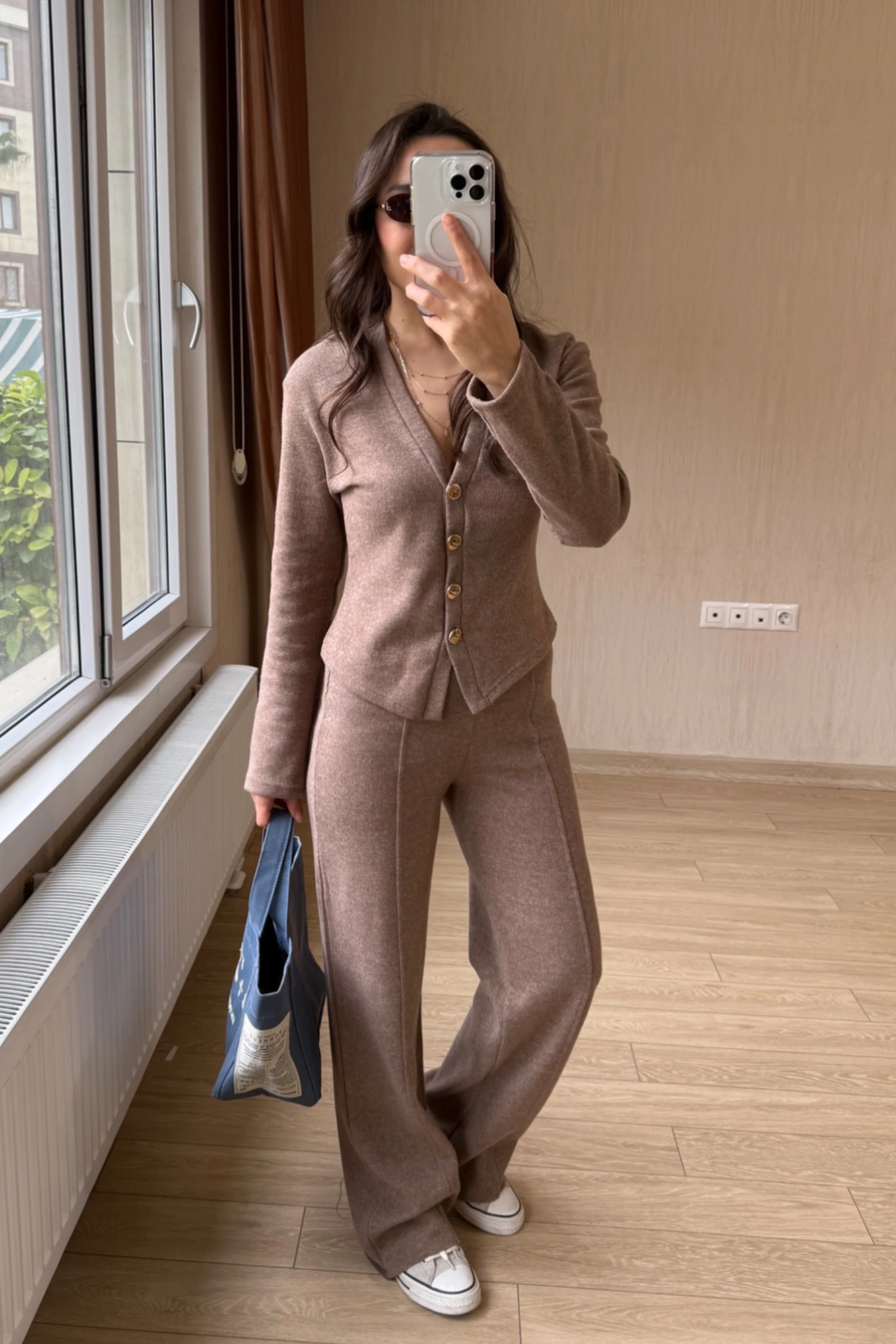 Vanessa Qısaqol Korduroy Kostyum - Nanə Yaşıl - Kahverengi