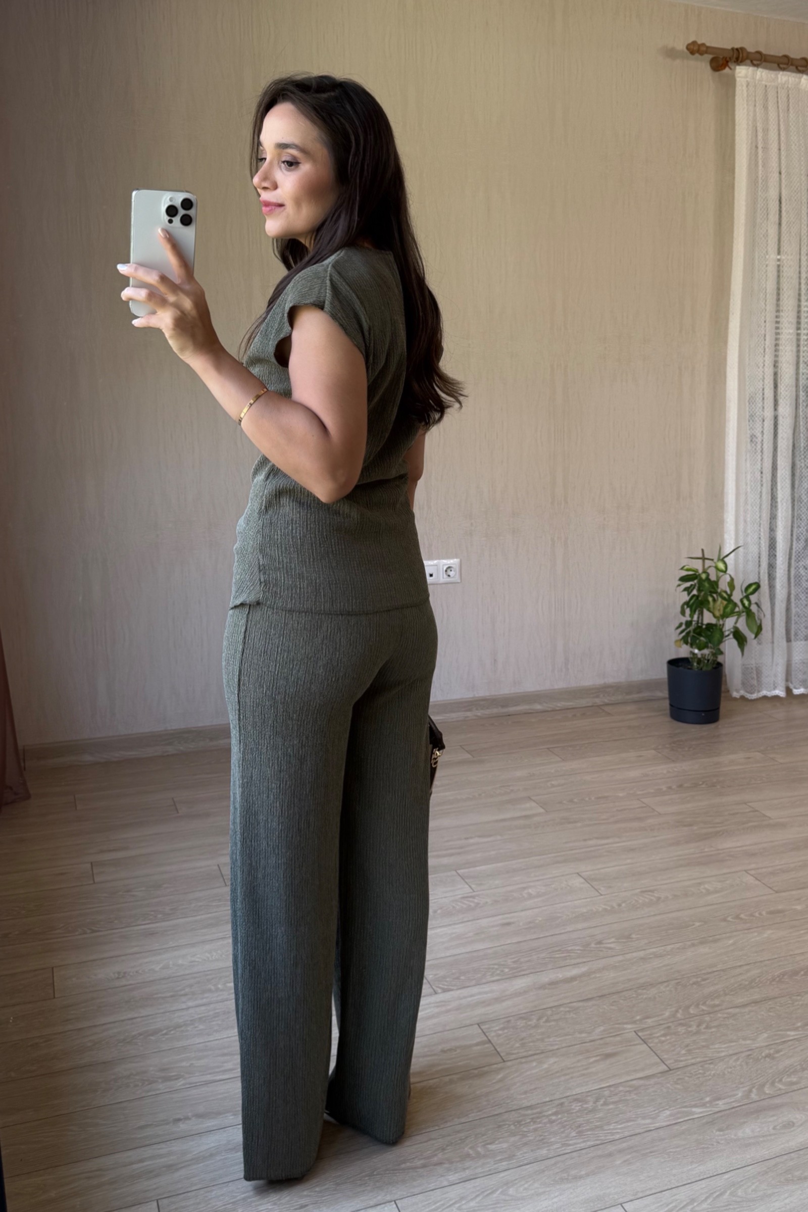 Carina Bağlama Detaylı  Bürümcük Kumaş Takım - Haki