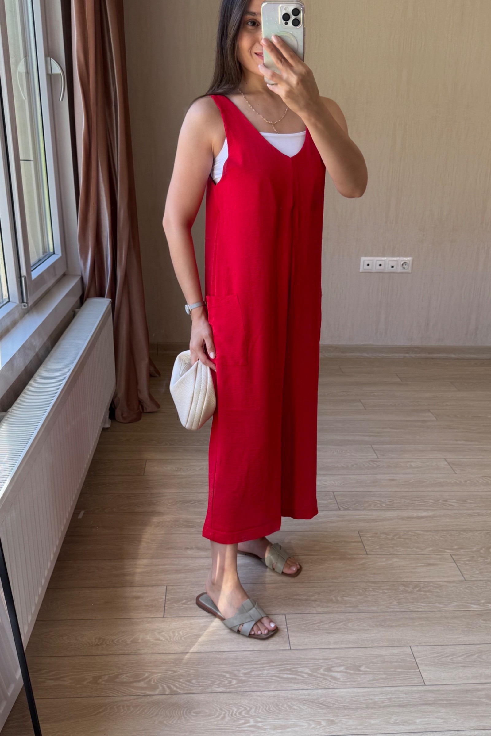 Lesli Arkası Bağlamalı Ayrobin Kumaş Tulum - Kırmızı