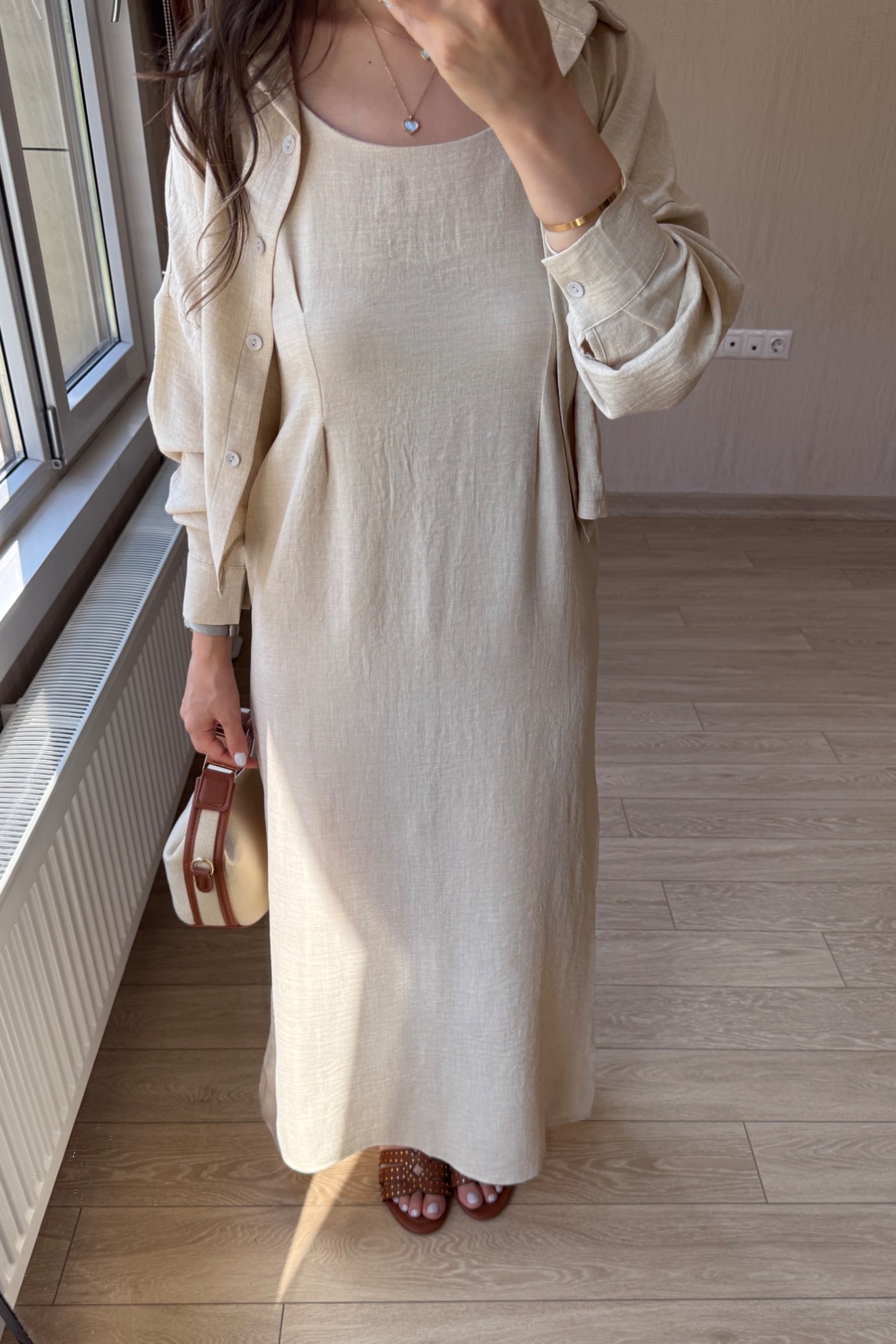 Tessia Maksi Boy Askılı Sofya Keten Kumaş Gömlekli Elbise Takım - Krem