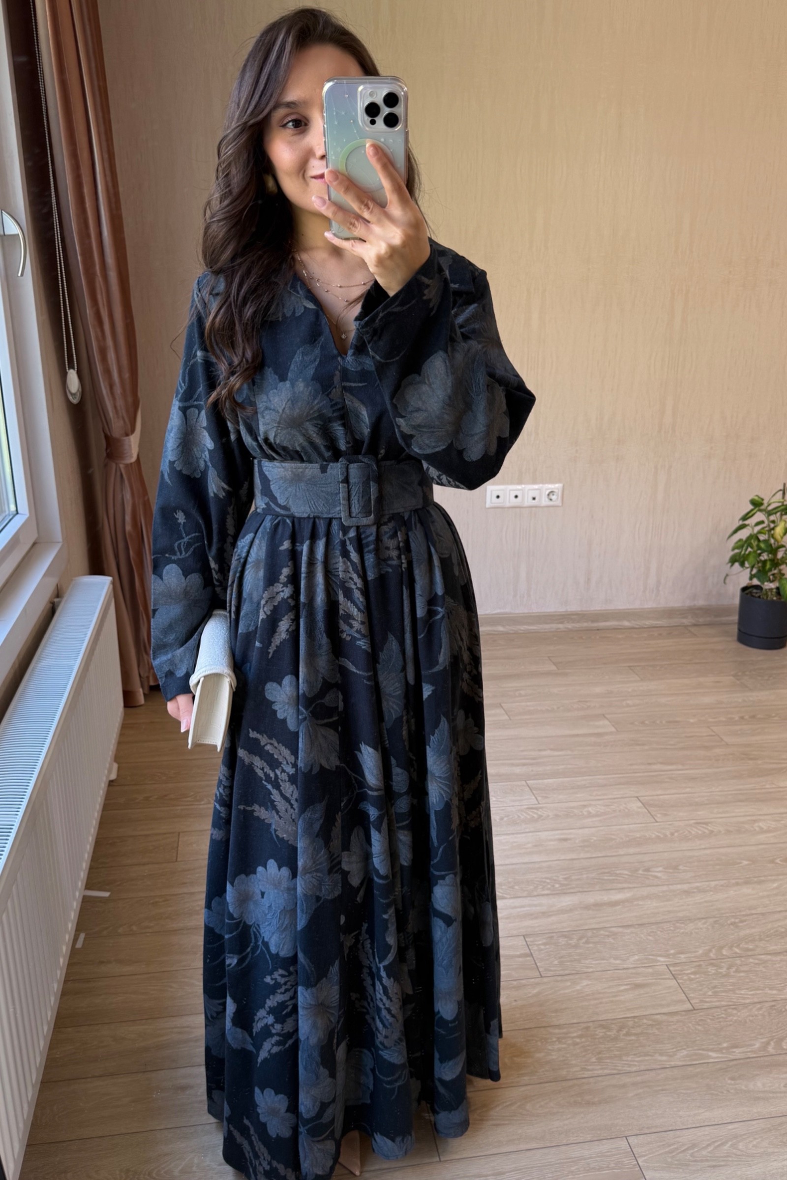 Valentina Oversize Kemerli Keten Kumaş Gömlek Elbise - Lacivert