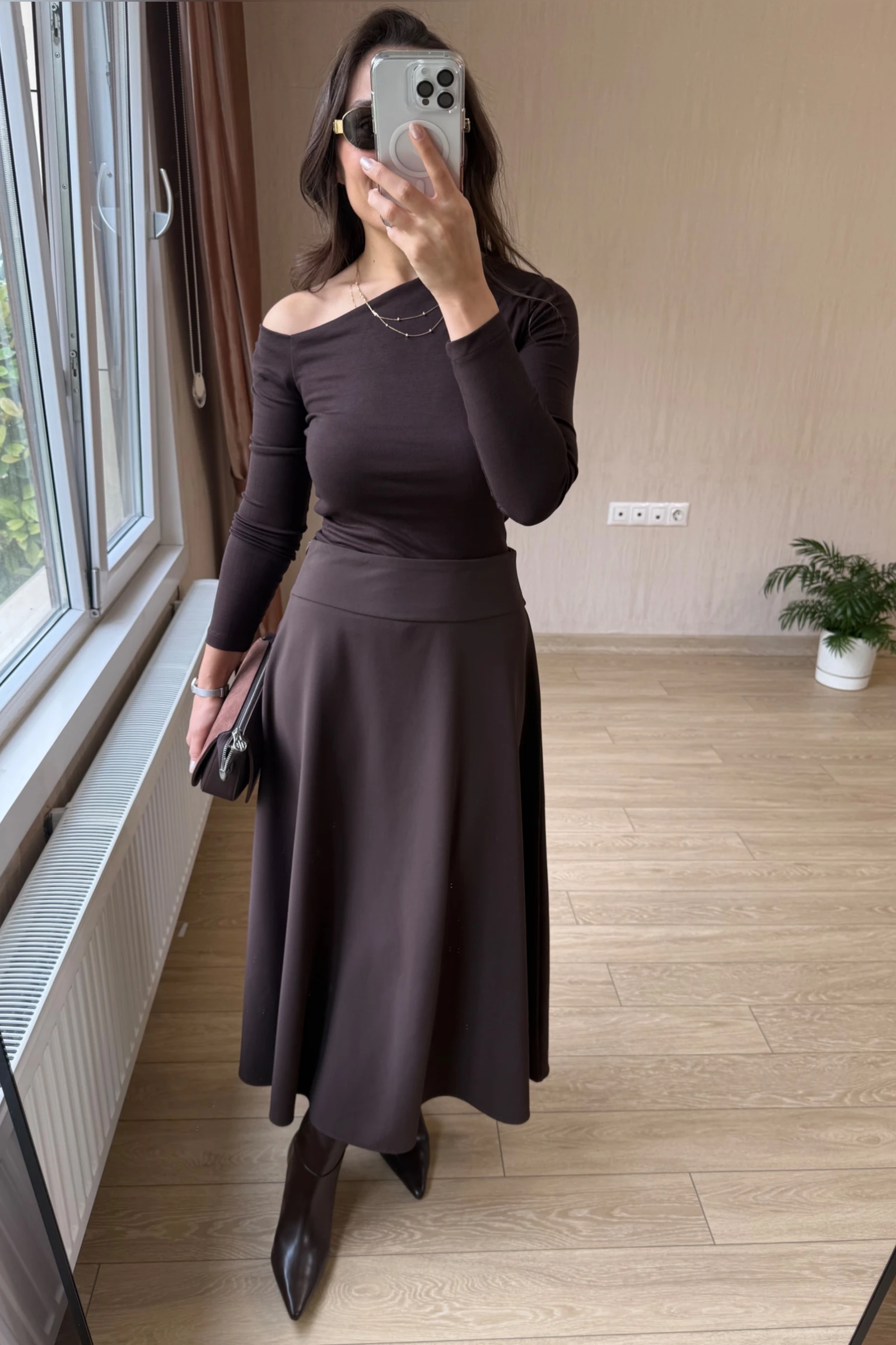 Vivora Diagonel Kumaş Korsaj Kemerli Yandan Gizli Fermuarli Çan Etek - Acı Kahve