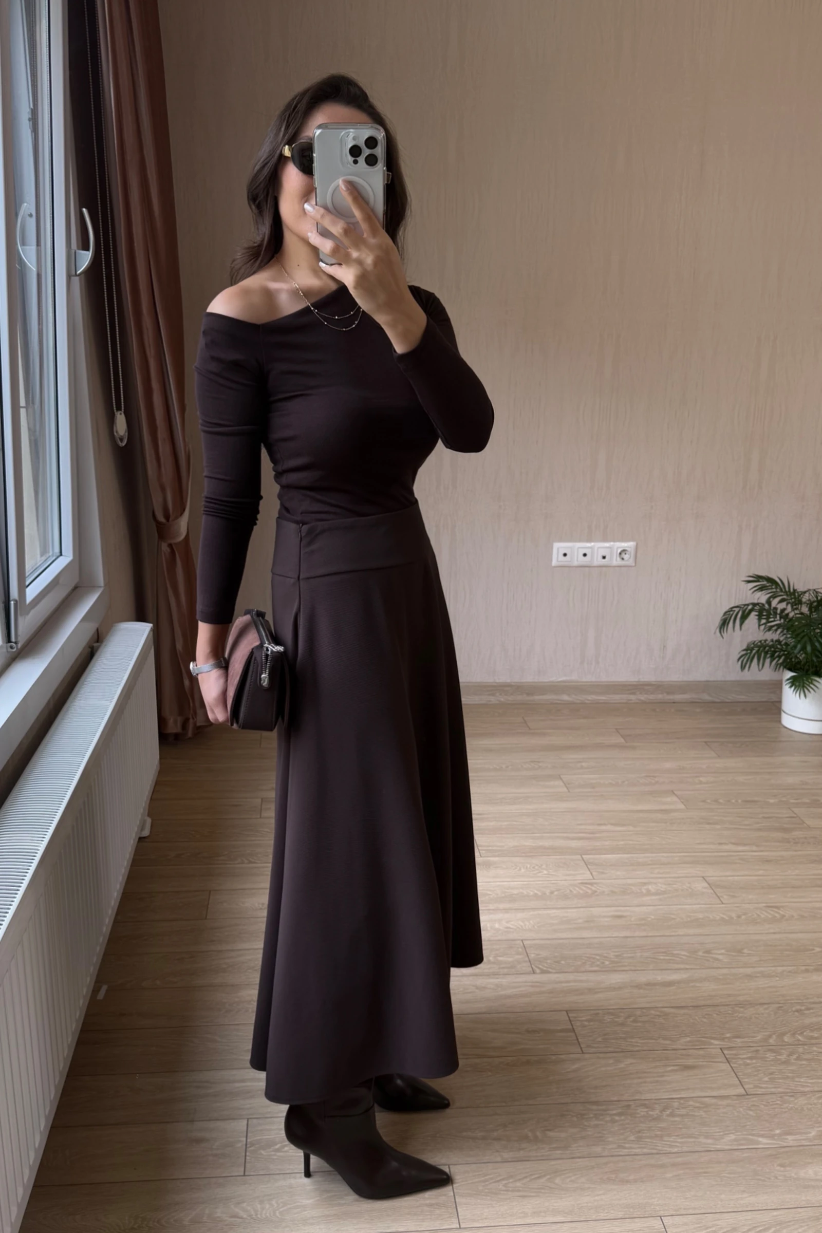 Vivora Diagonel Kumaş Korsaj Kemerli Yandan Gizli Fermuarli Çan Etek - Acı Kahve