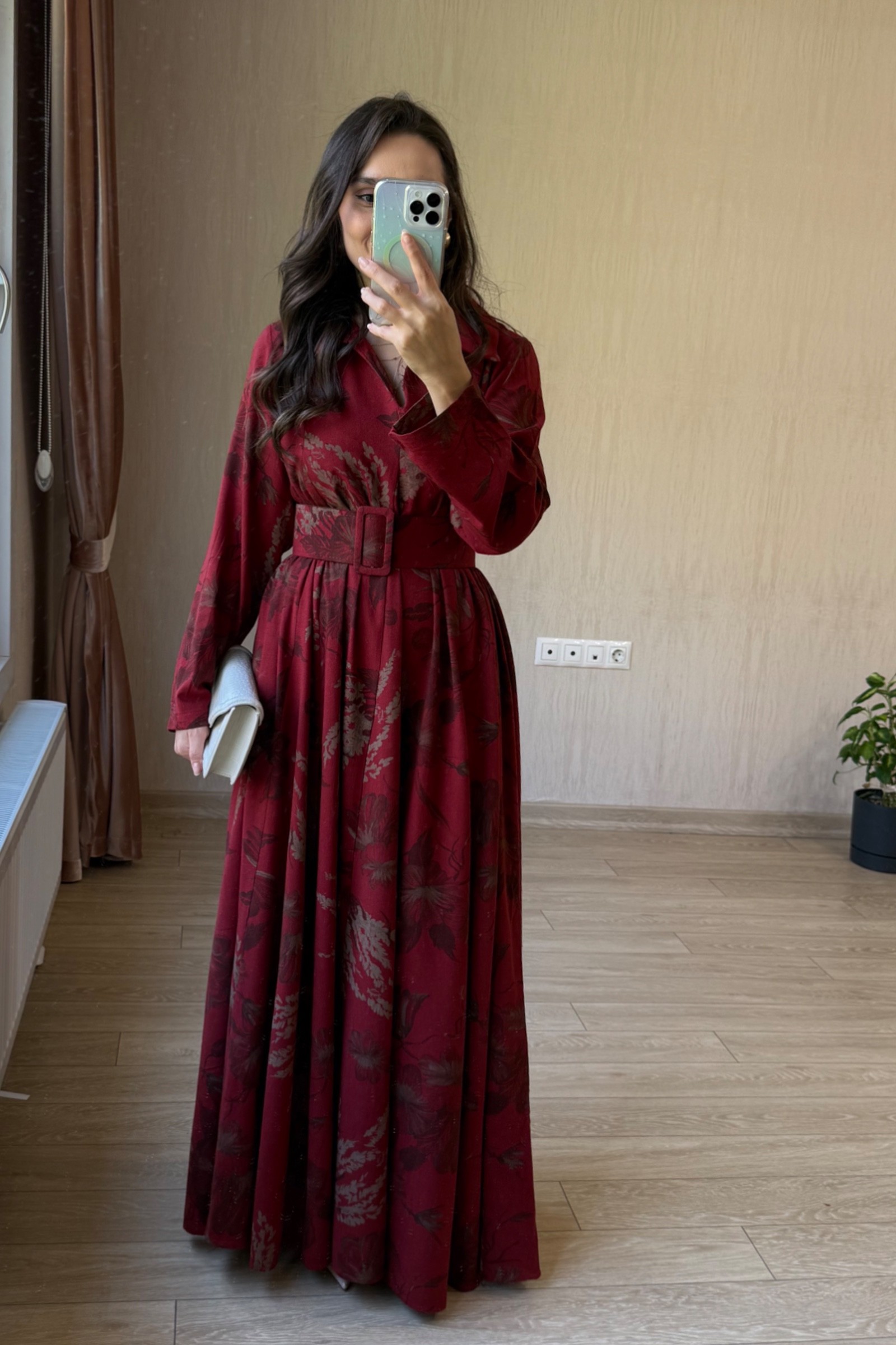 Valentina Oversize Kemerli Keten Kumaş Gömlek Elbise - Bordo